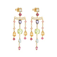 Dubini Theodora Diamond Moonstone Tourmaline Peridot Gold Chandelier Earrings