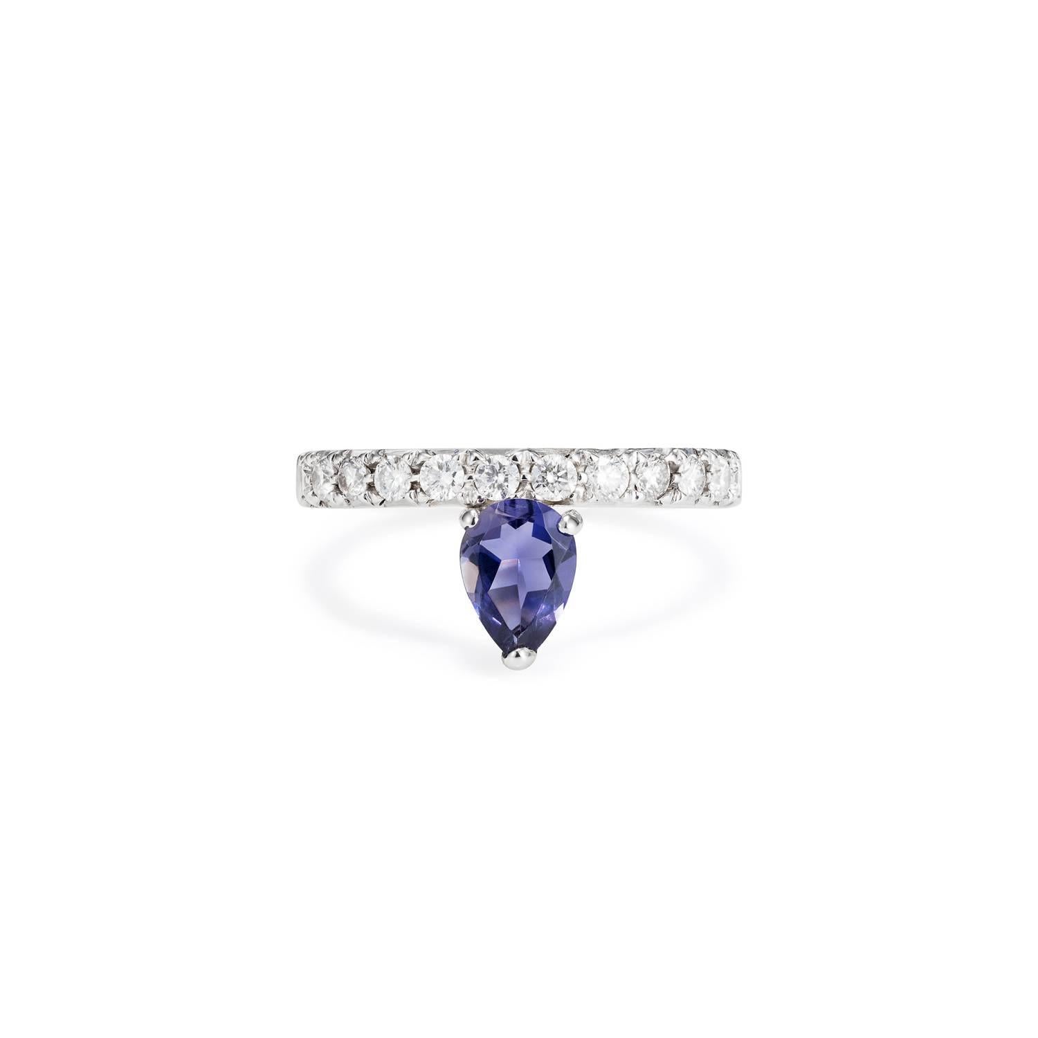 This DUBINI ring from the 'Theodora' collection features an iolite drop with diamonds set in 18K white gold. 

Ring size available: 53 (US 6.5)

The ring may be ordered in any size with a lead time of 2-3 weeks.

Please note that we offer a bespoke