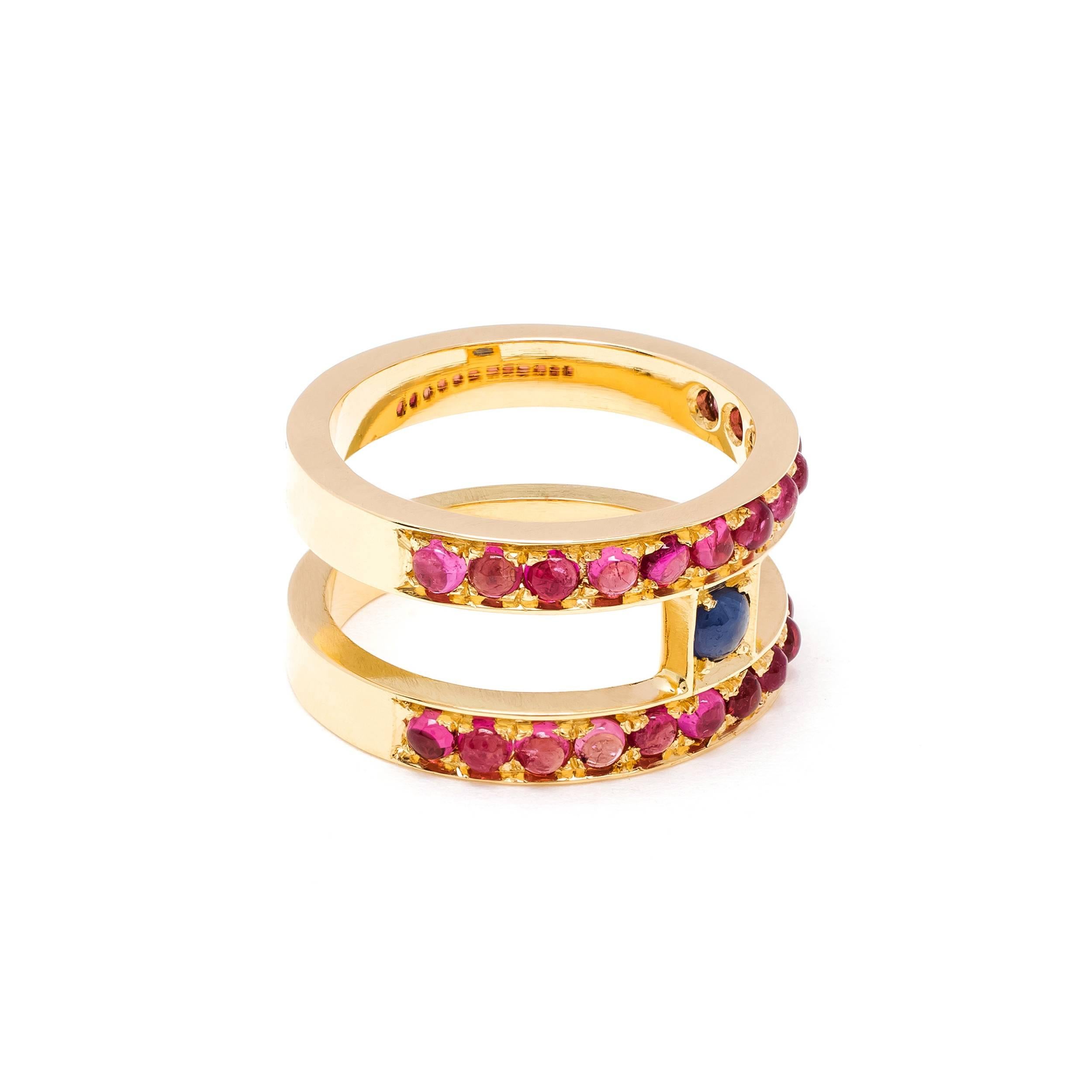 This DUBINI ring from the 'Theodora' collection features sapphire and rubellite tourmaline cabochons set in 18K yellow gold. 

…………………………………………………………………………………………………………………………………………………………………….

Inspired by Empress Theodora, wife of Justinian I, she