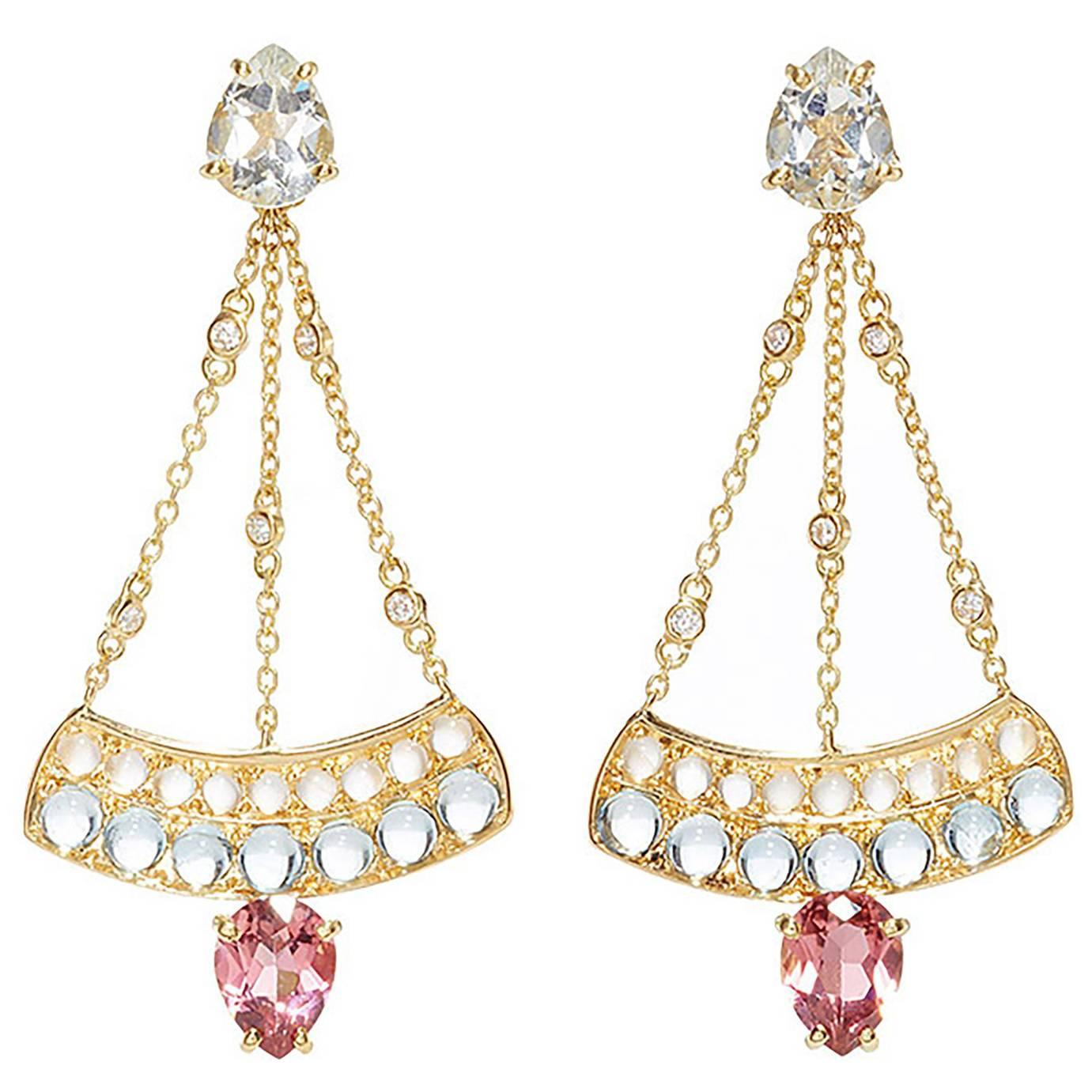 Dubini Theodora Topaz Rubellite Aquamarine Moonstone and Diamonds Gold Earrings For Sale