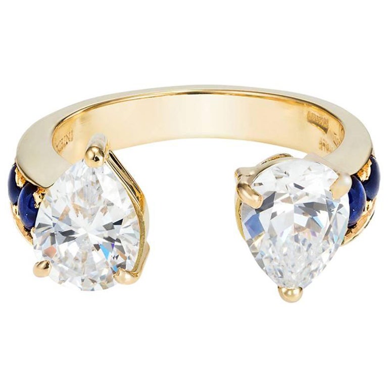 Dubini Theodora 18 Karat Gelbgold Ring mit weißem Topas und Saphir