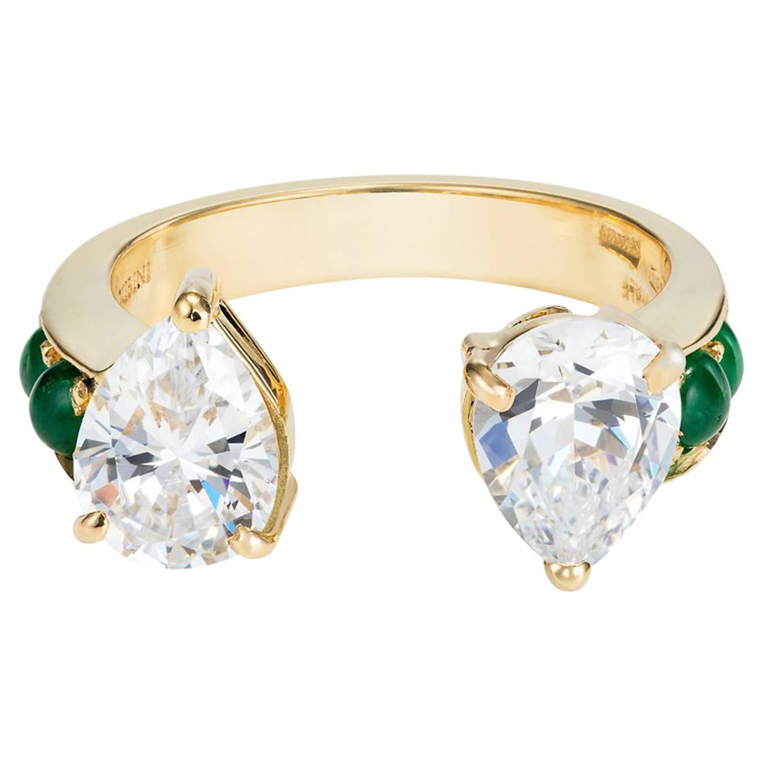Dubini Theodora Ring aus 18 Karat Gelbgold mit Zirkon und Smaragd im Angebot