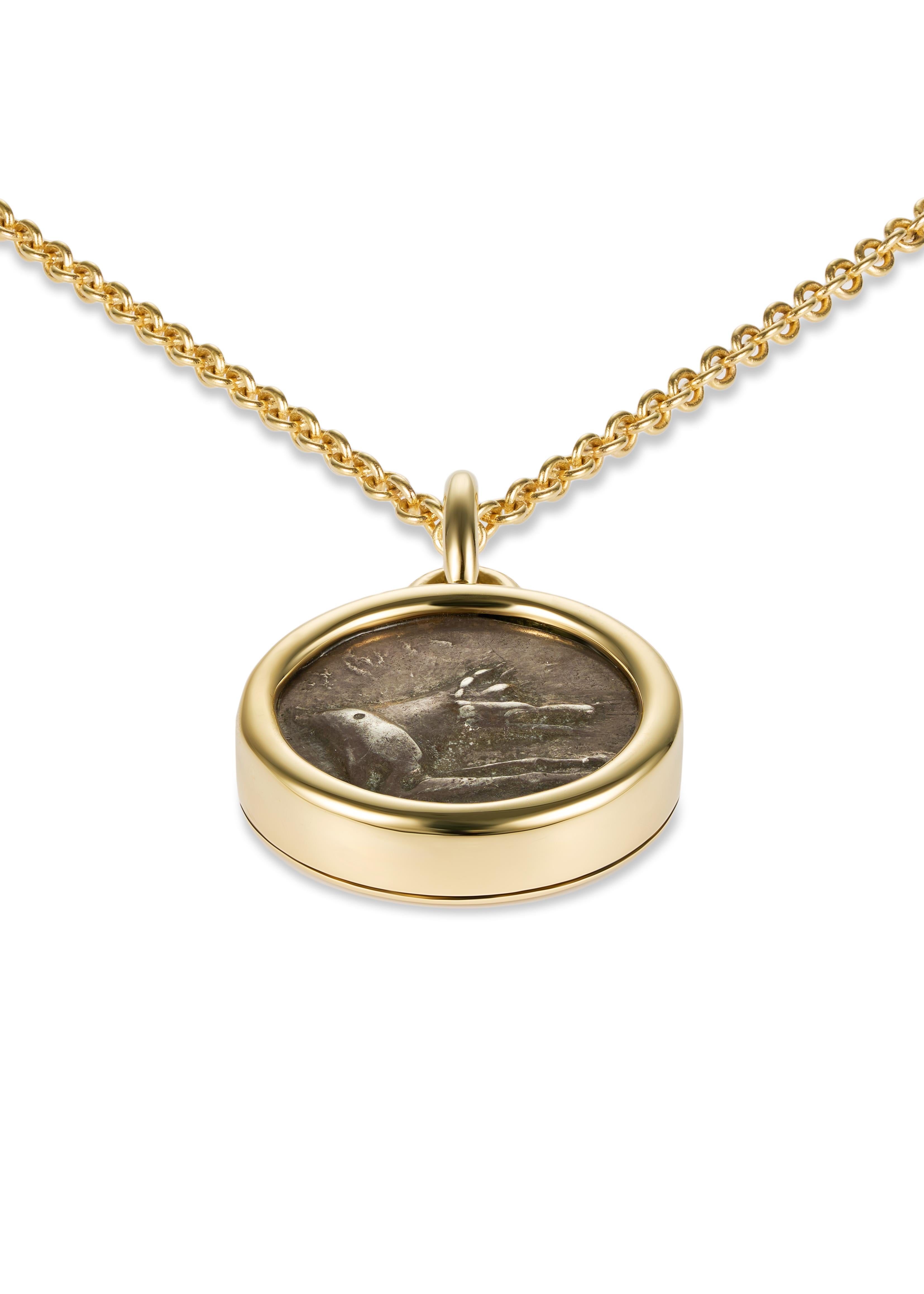 Classical Greek Dubini Wolf Ancient Hemidrachm Silver Coin Pendant 18 Karat Yellow Gold Necklace For Sale
