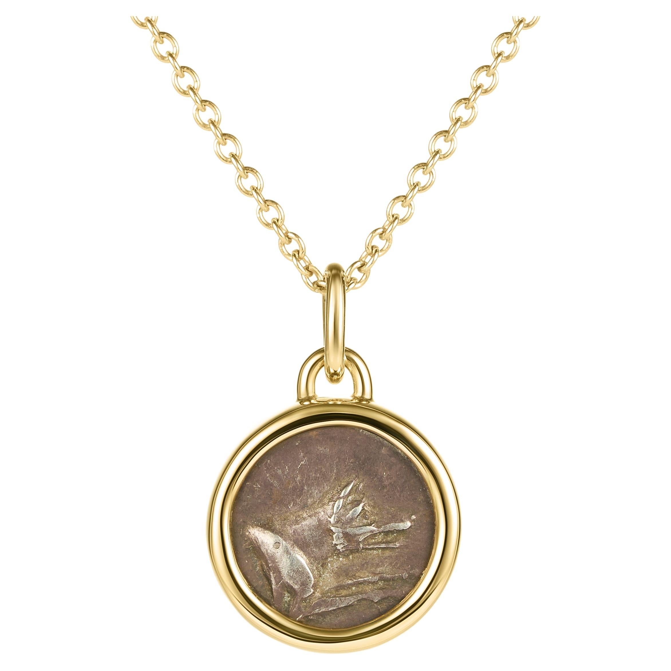 Dubini Wolf Ancient Hemidrachm Silver Coin Pendant 18 Karat Yellow Gold Necklace For Sale