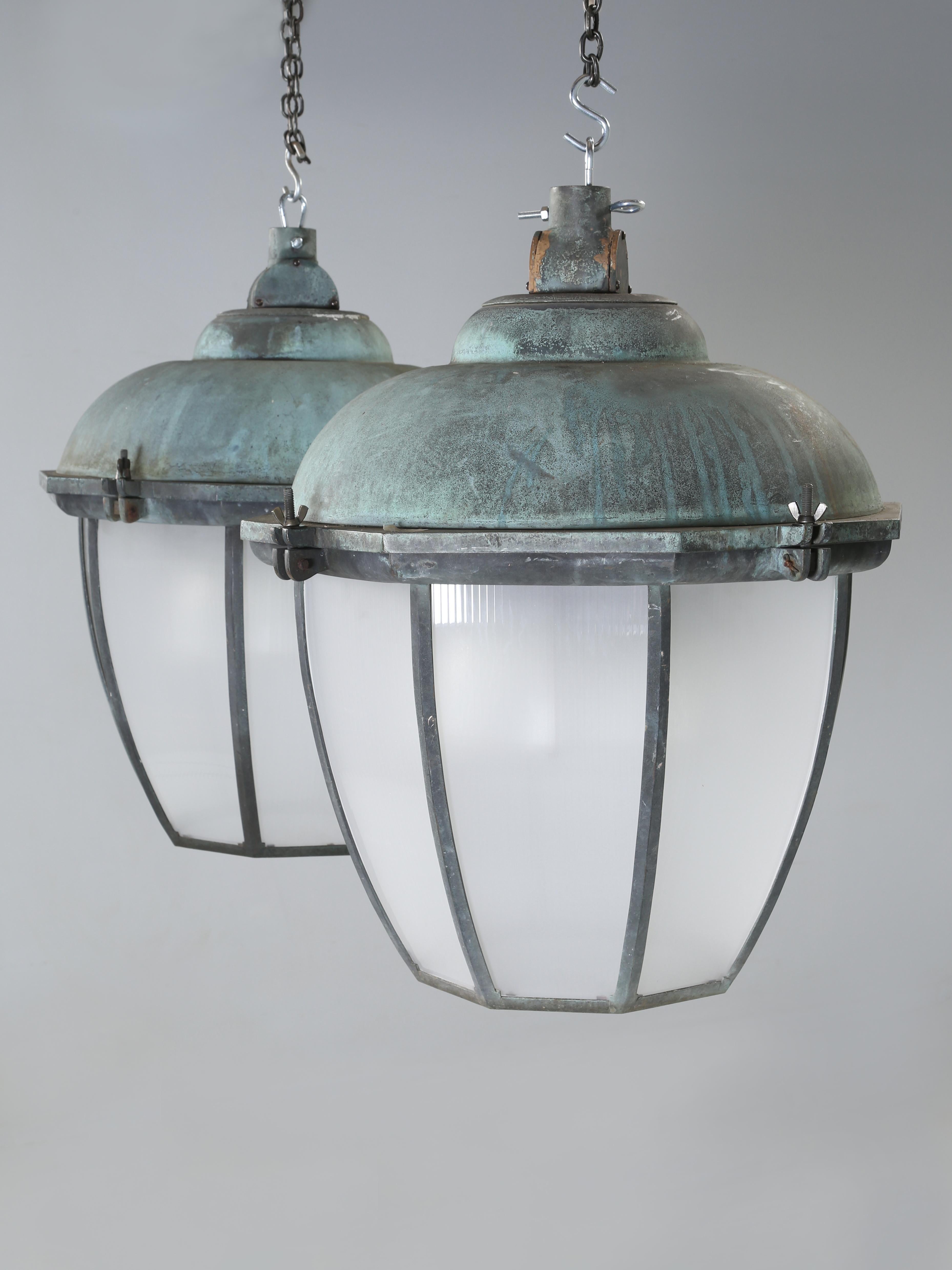Dublin Lanterns in Solid Bronze with Copper Domes and Holophane Dual Glass Shades c1938 (4) Available. Old Plank has been importing from Ireland since 1992 and these (4) Dublin Holophane Bronze and Copper Lanterns must be one of our all-time