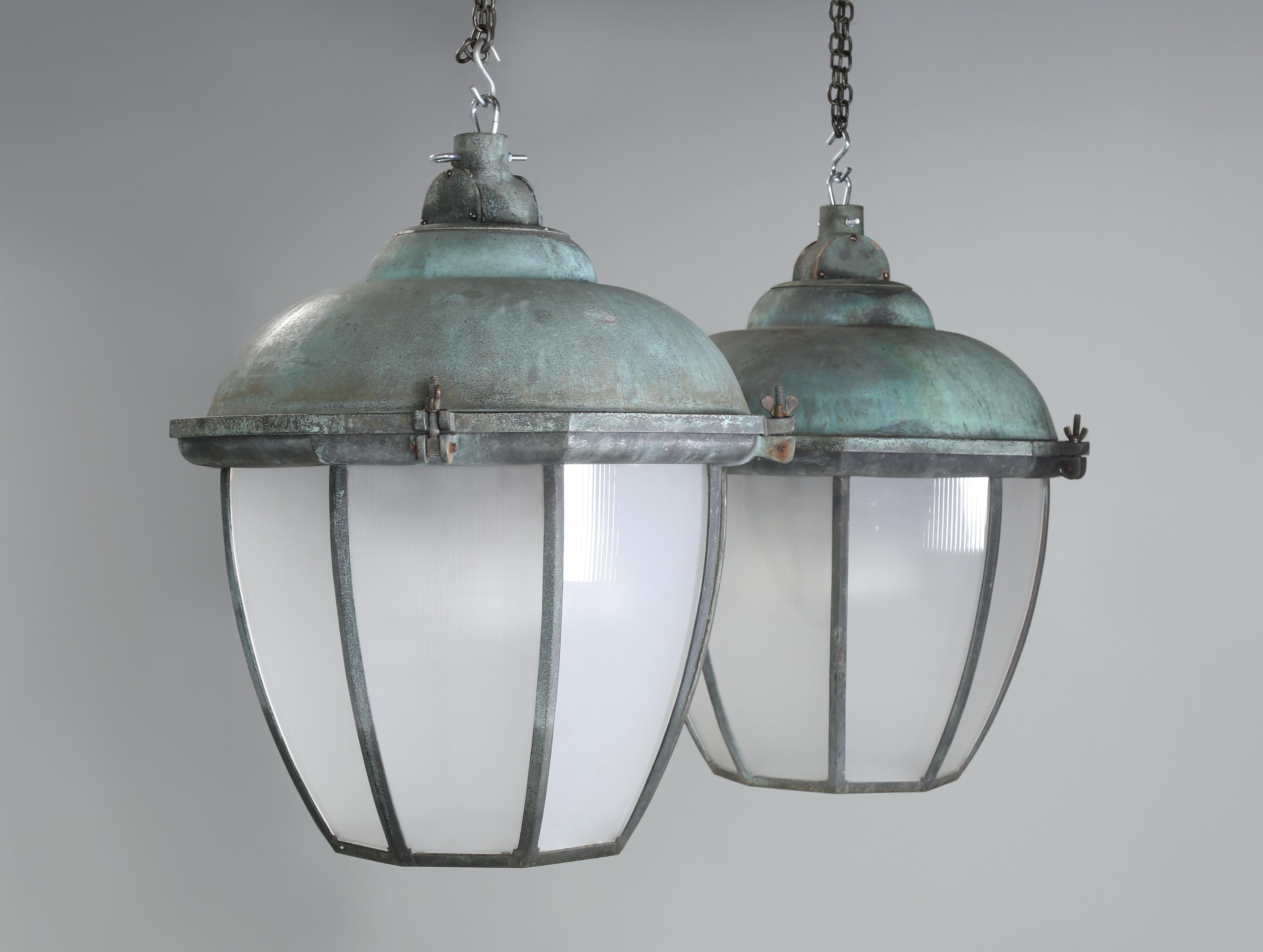English  Dublin Lanterns in Bronze with Copper Domes, Holophane Dual Glass Shades 1930's