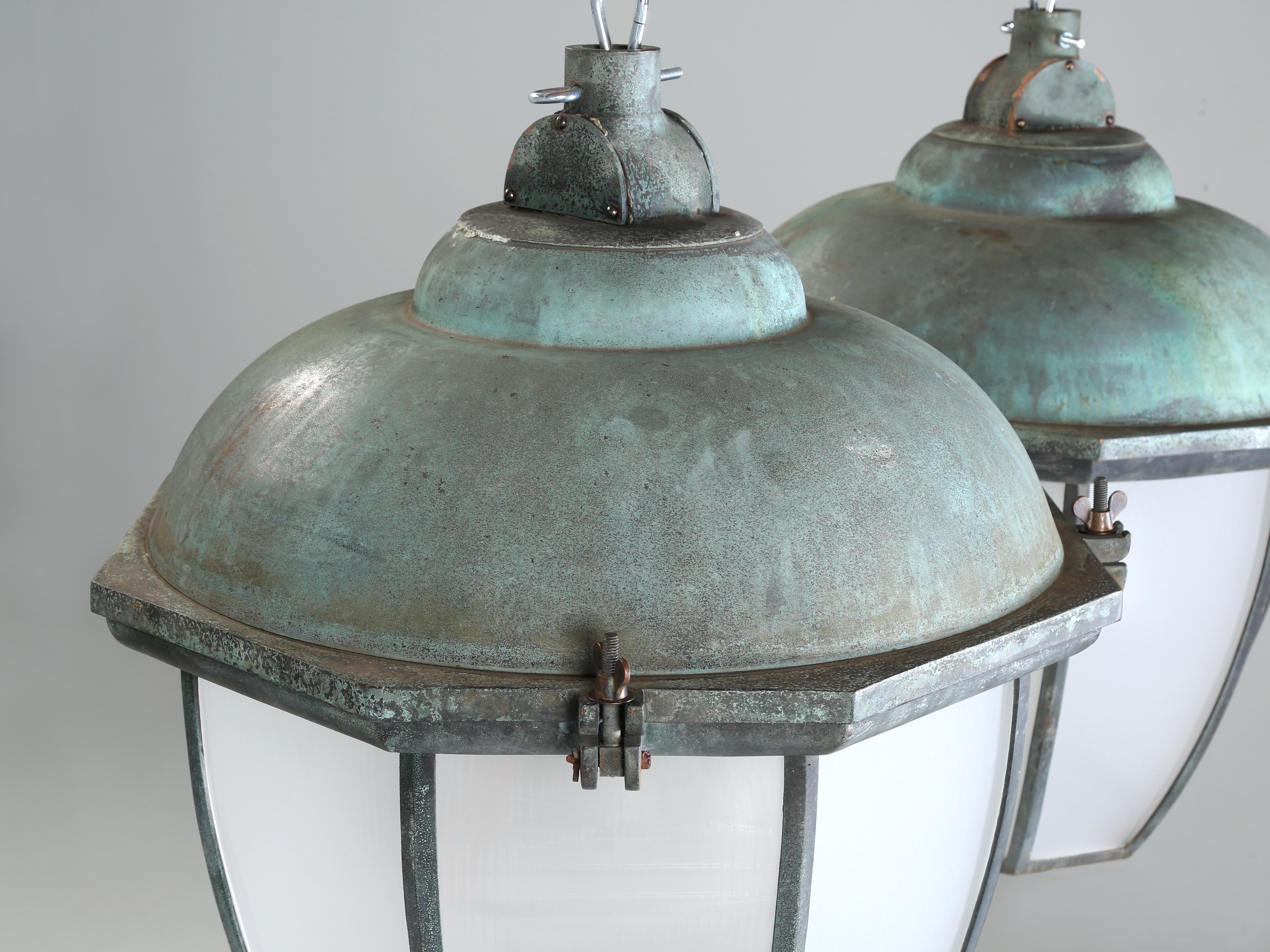 Hand-Crafted  Dublin Lanterns in Bronze with Copper Domes, Holophane Dual Glass Shades 1930's