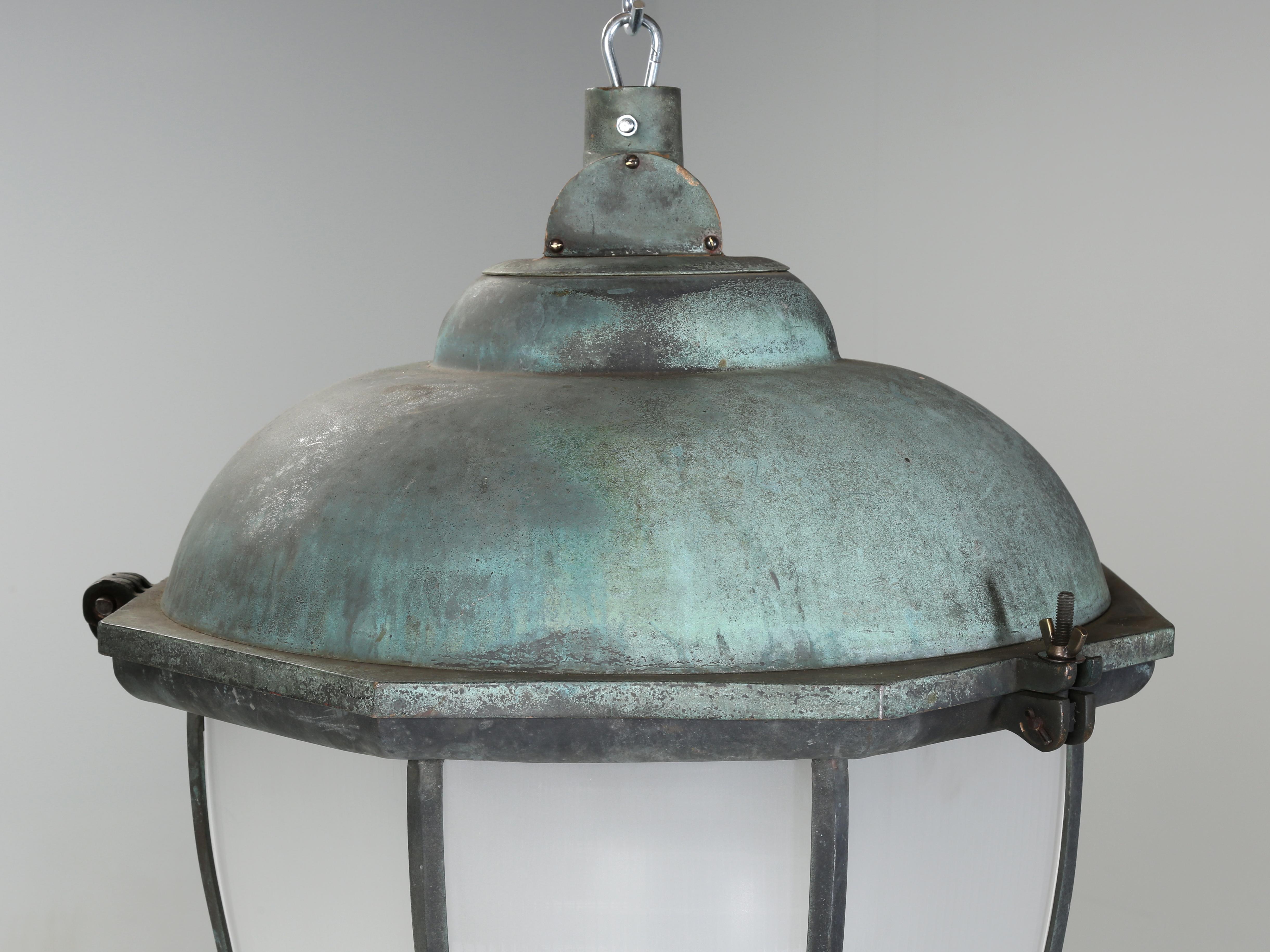  Dublin Lanterns in Bronze with Copper Domes, Holophane Dual Glass Shades 1930's In Good Condition In Chicago, IL