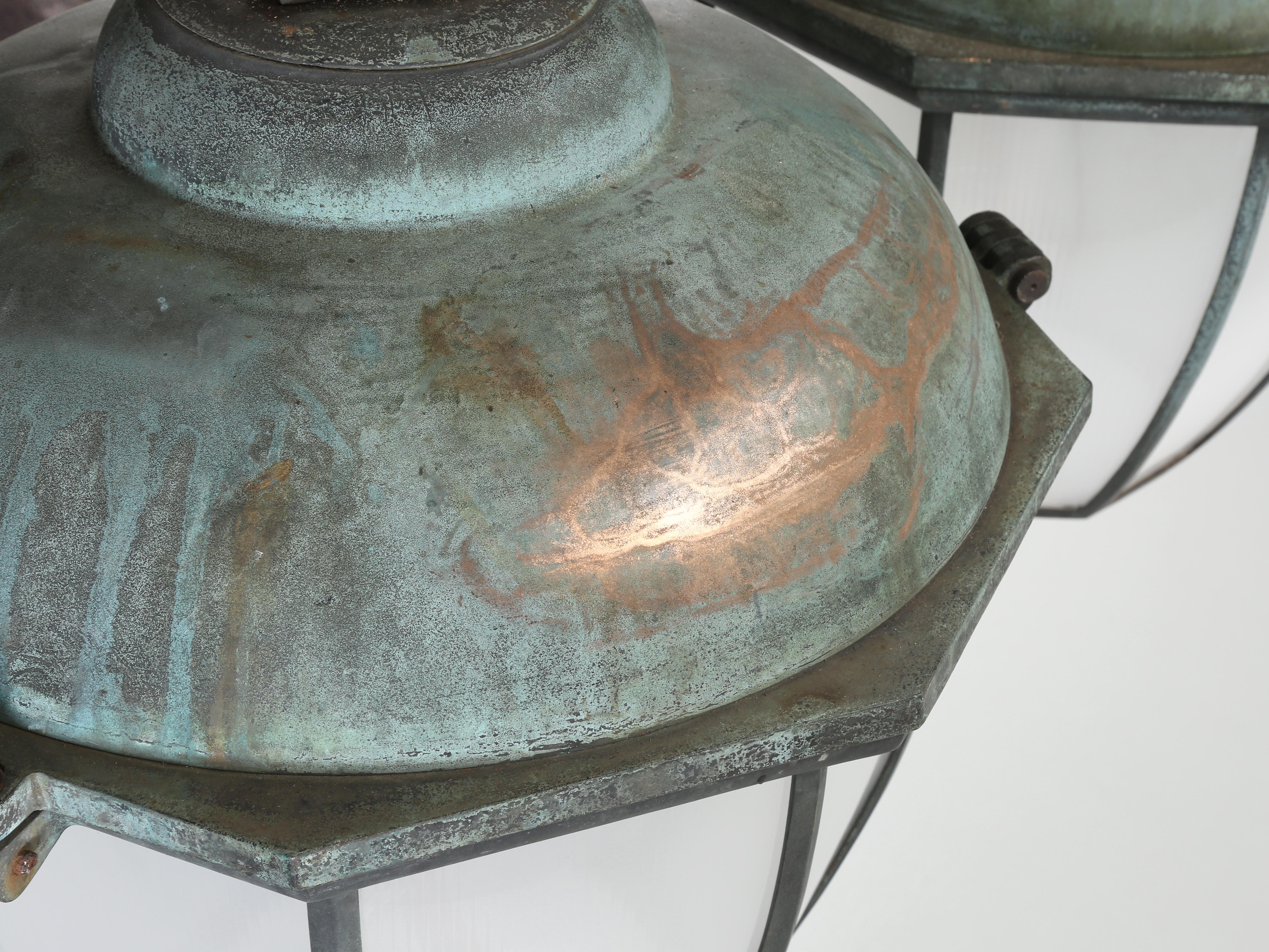 Brass  Dublin Lanterns in Bronze with Copper Domes, Holophane Dual Glass Shades 1930's