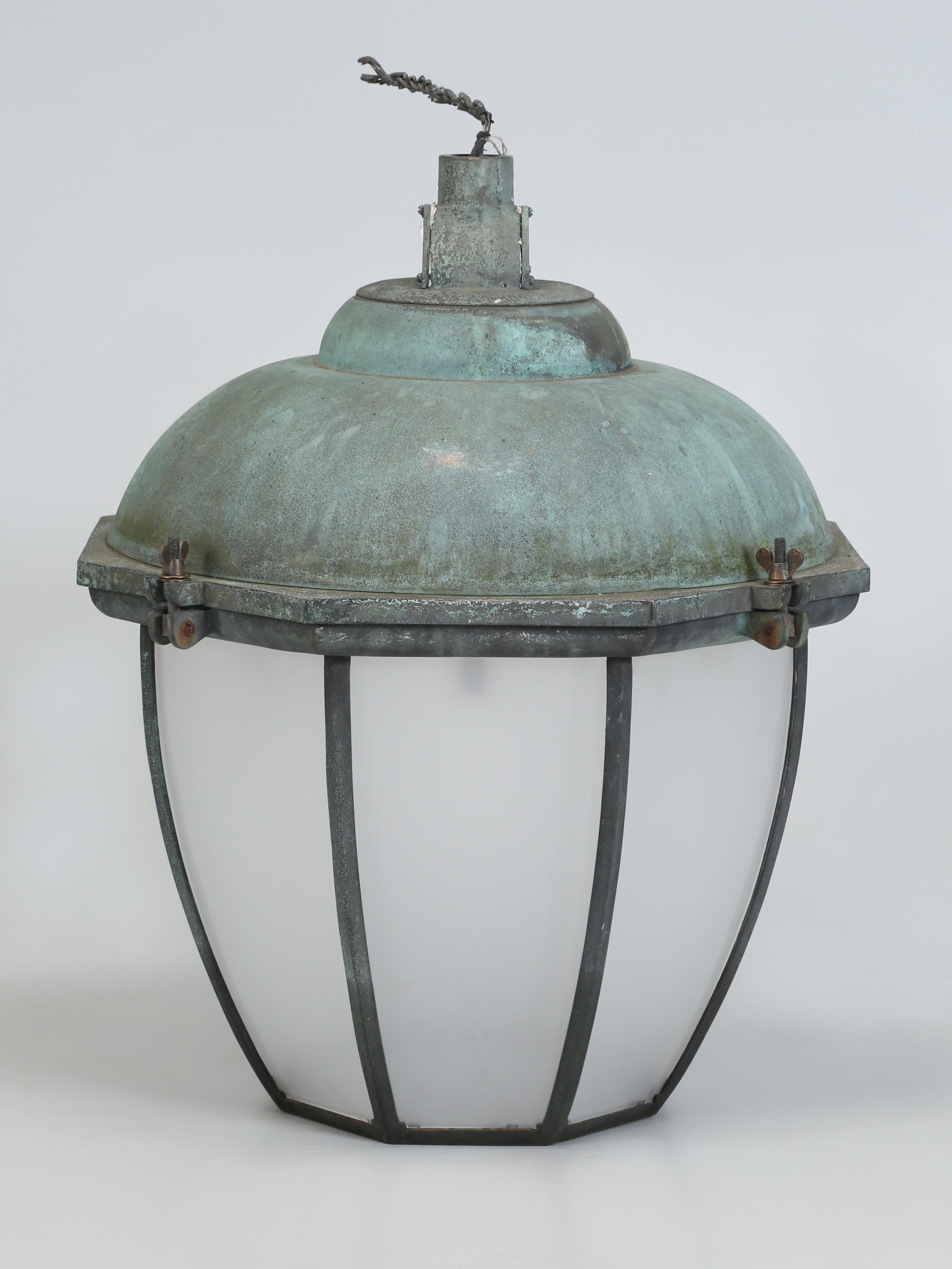 Dublin Lanterns in Bronze with Copper Domes and Holophane Dual Glass Shades c1938 (4) Available. Old Plank has been importing from Ireland since 1992 and these (4) Dublin Holophane Bronze and Copper Lanterns must be one of our all-time favorite