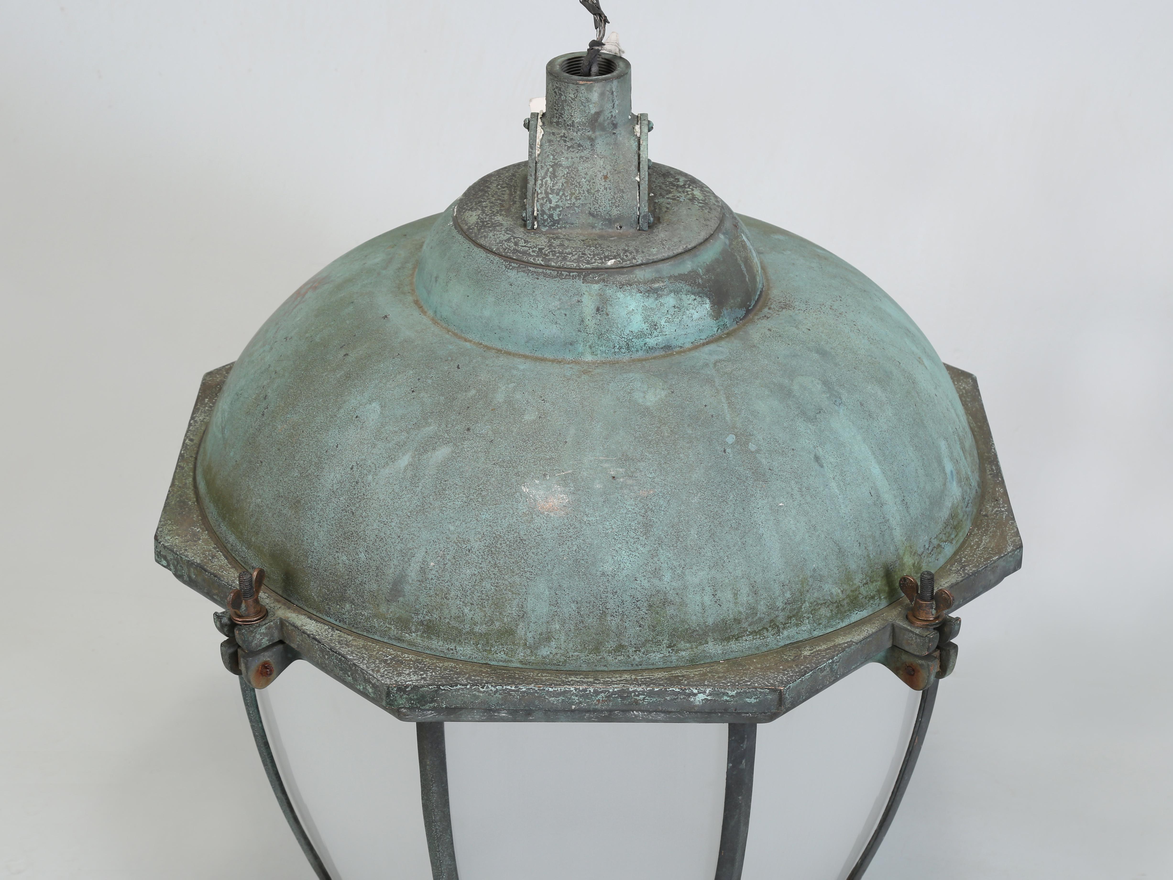 English Dublin Lanterns Solid Bronze Copper Domes Holophane Dual Glass Shades c1930s