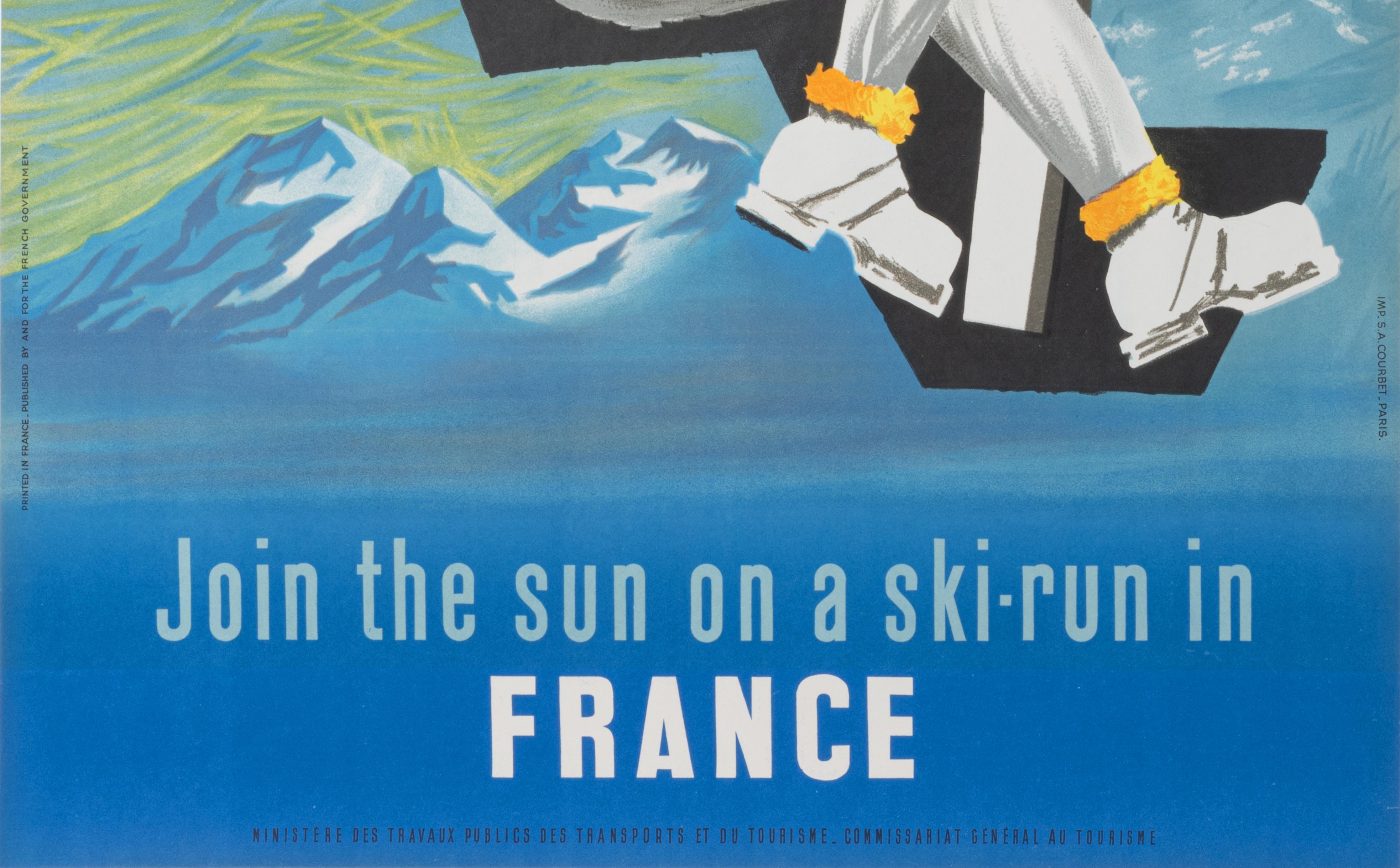 Poster pubblicato dal Ministero dei Lavori Pubblici, dei Trasporti e del Turismo e creato dall'artista A. Dubois nel 1950 per promuovere il turismo sulle montagne francesi. 

Artista: A. Dubois Jean
Titolo: Unisciti al sole su una pista da sci in