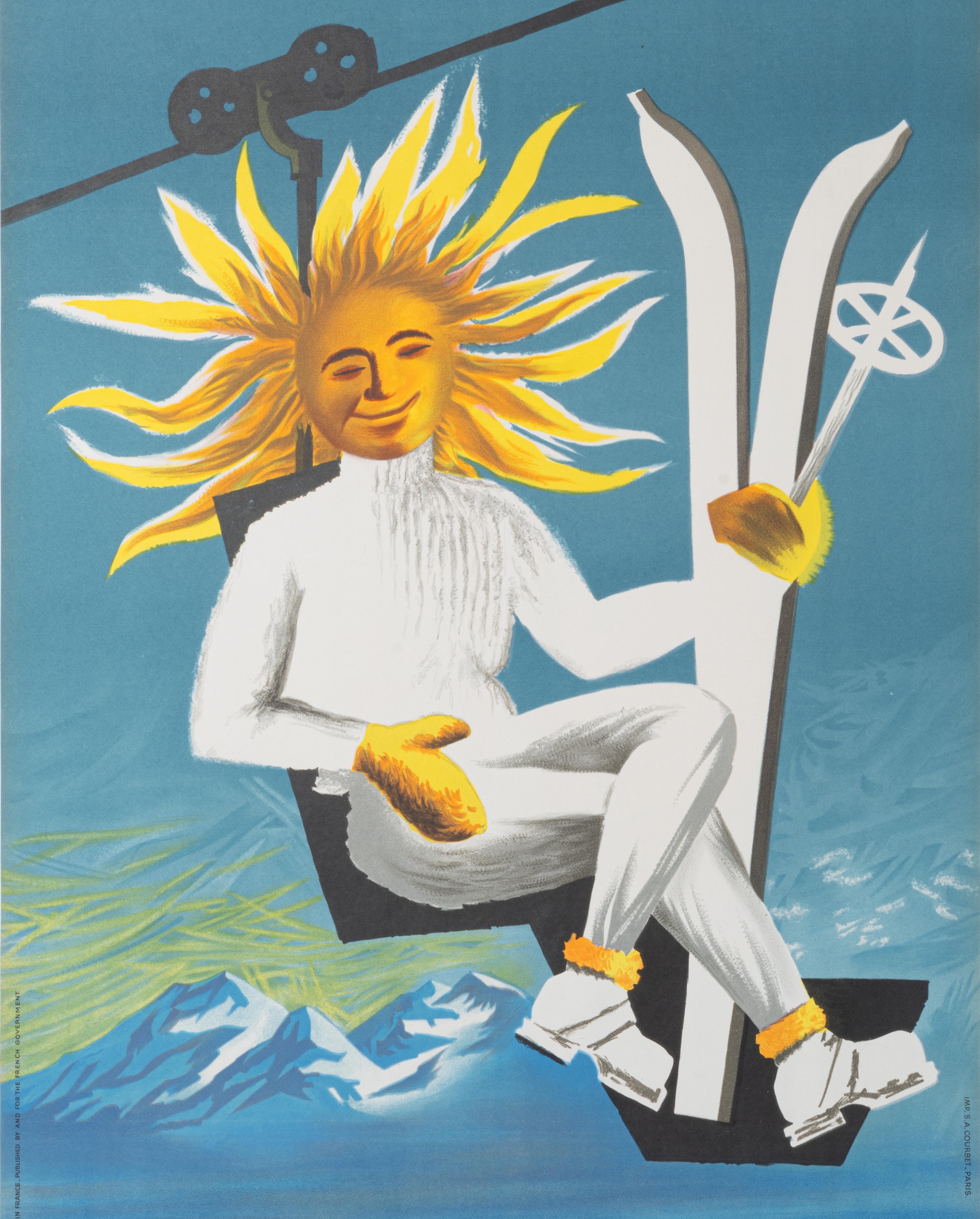 Francese A. Dubois, Poster originale sullo sci, Sci in Francia, Montagna, Sport invernali, Sole 1950 in vendita