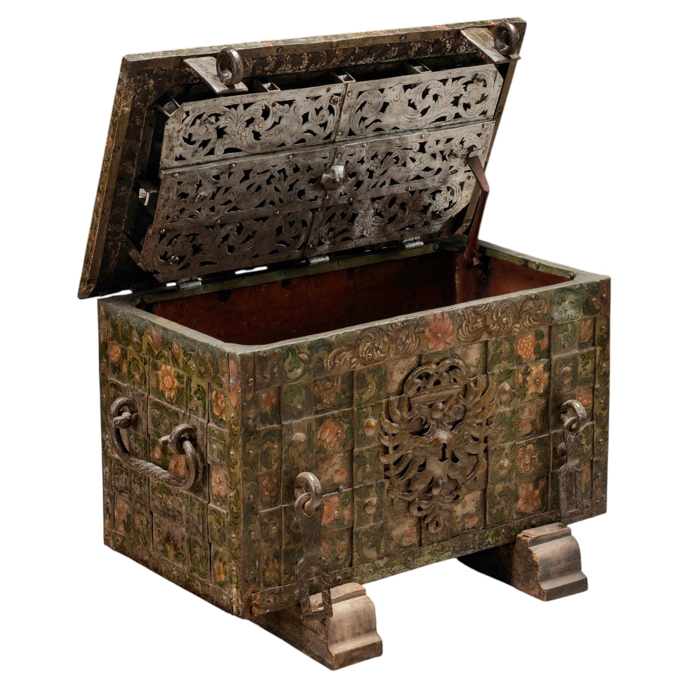 Ducal Armada Strongbox Safe wrought iron polychrome Renaissance Nuremburg For Sale