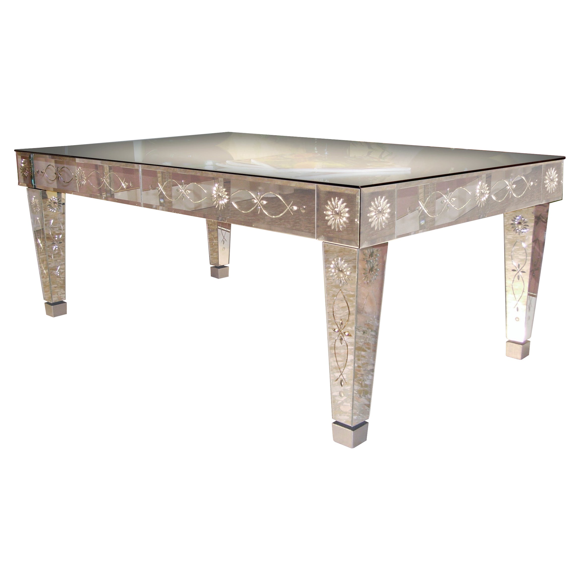 "Ducale" Coffee Table Murano Glass Mirror, Hand Made Engraved, by Fratelli Tosi