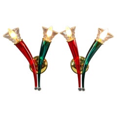 Ducale Hand-Blown Red & Green Murano Glass Sconces by VeArt Italy 1970