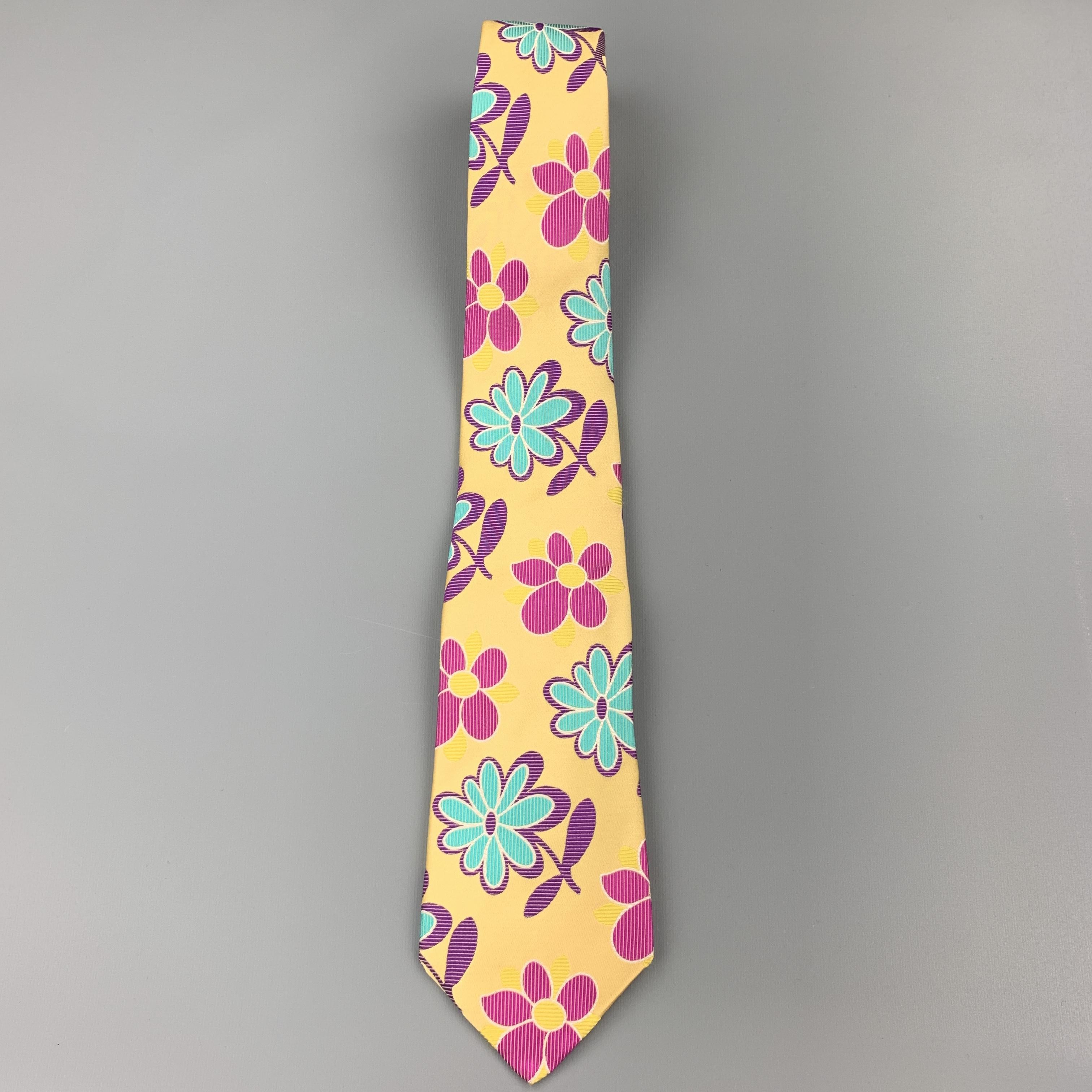 Beige DUCHAMP Pastel Yellow Pink Purple & Blue Floral Silk Tie