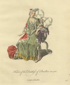 Duchess of Bouillon Seated in 1700, Hand Colored Jefferys Engraving, 1757