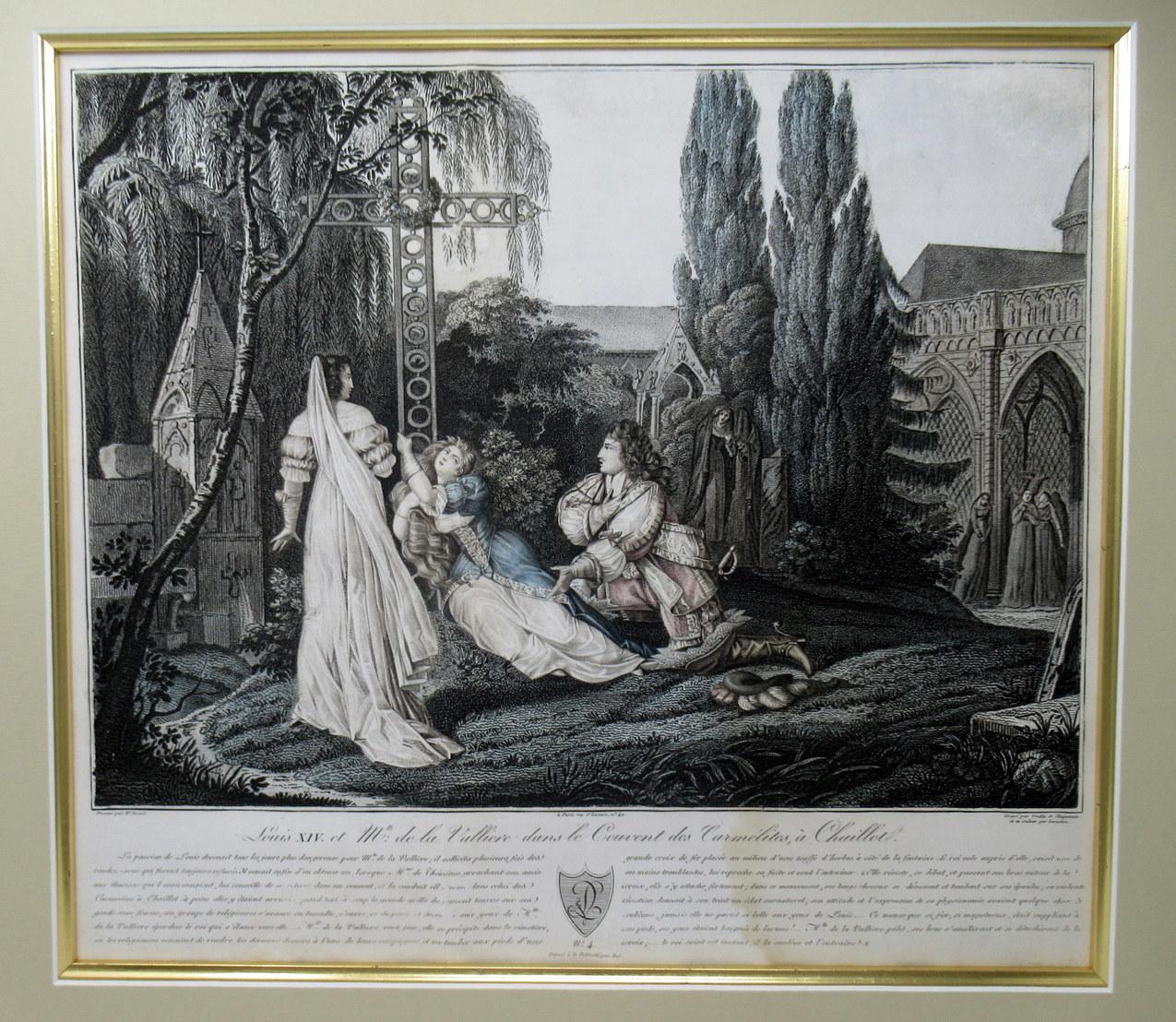 French hand colored engraving on paper, mid-19th century, possibly earlier titled

“Louis XIV et Madame de la Valliere dans le Couvent des Carmelites, a Chaillot” 

“Louis XIV and Madame de la Valliere in the Convent of the Carmelites, in