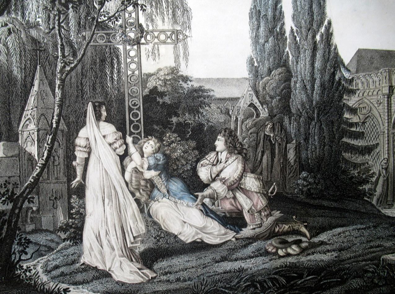 Antike französische Farbgravur der Herzogin von La Valliere und Ludwig XIV. im Konvent (Viktorianisch) im Angebot