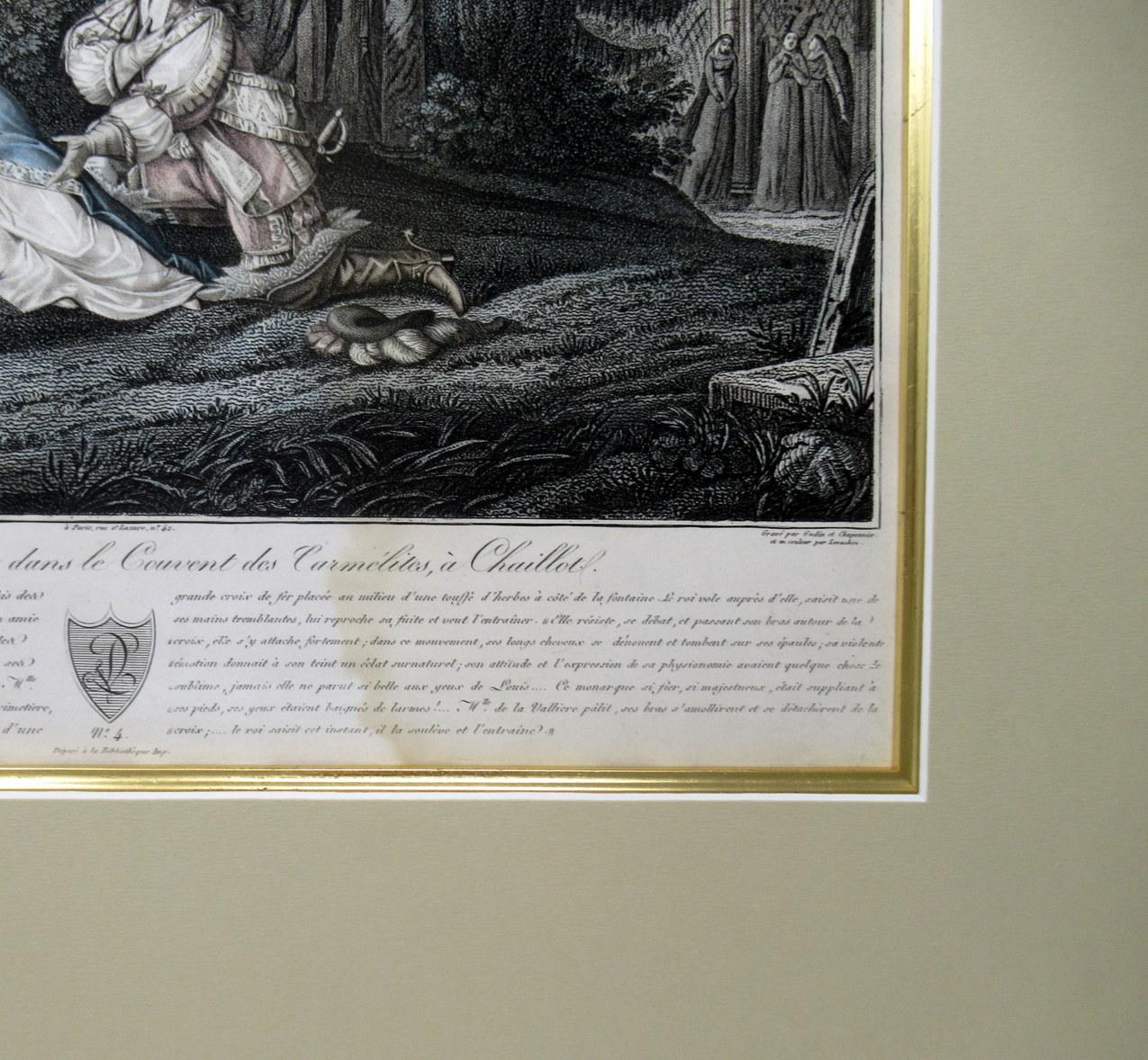 Antike französische Farbgravur der Herzogin von La Valliere und Ludwig XIV. im Konvent (Französisch) im Angebot