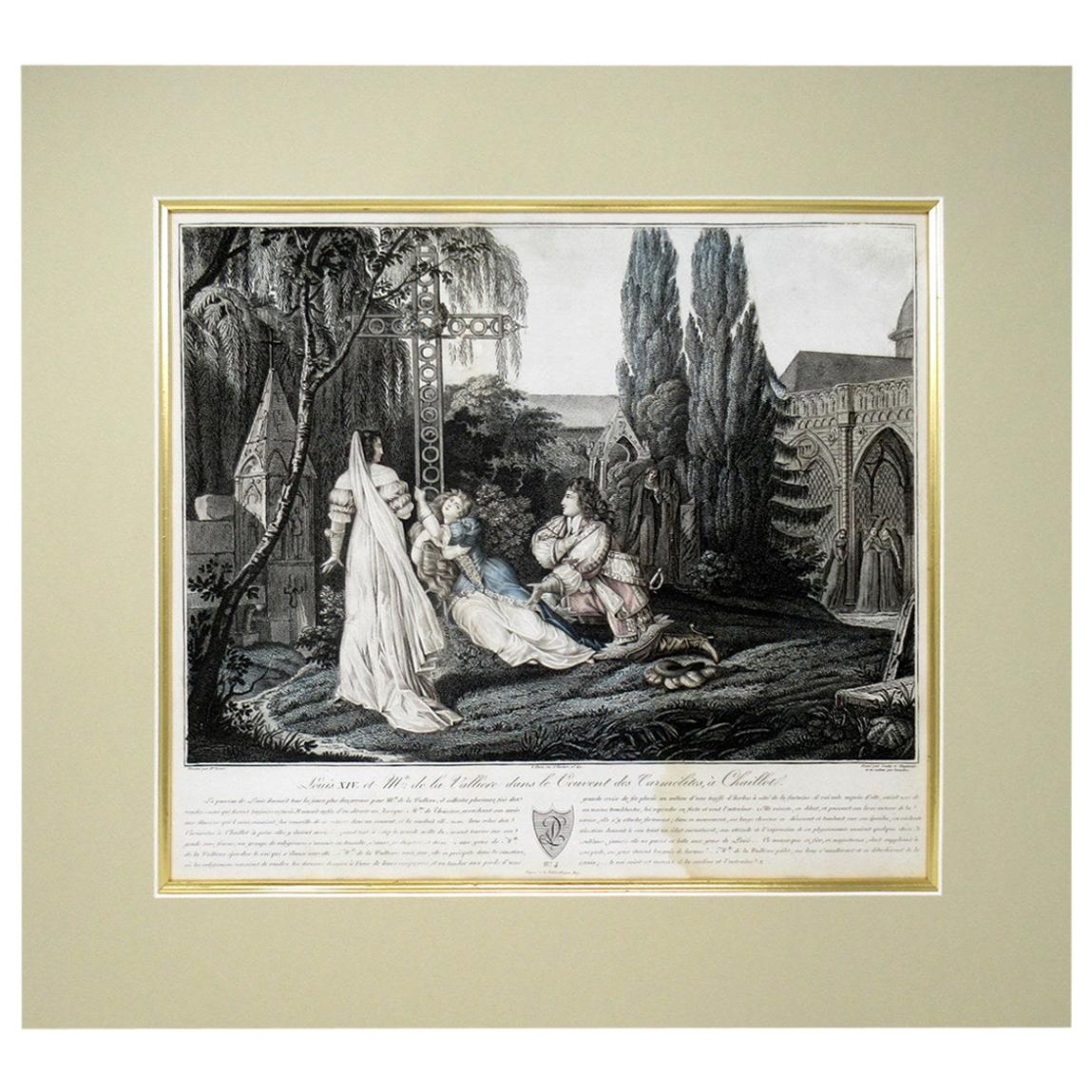 Duchess of La Valliere and Louis XIV in Convent Antique French Colored Engraving For Sale