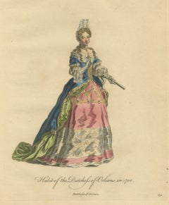 Duchess of Orléans in 1700 with a Fan, Hand Colored Jefferys Engraving, 1757