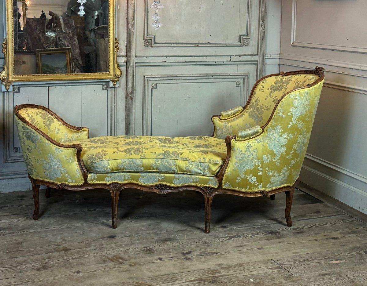 Chaise longue duchesse de Bateau, Louis XV, soie jaune, 18ème siècle en vente 8