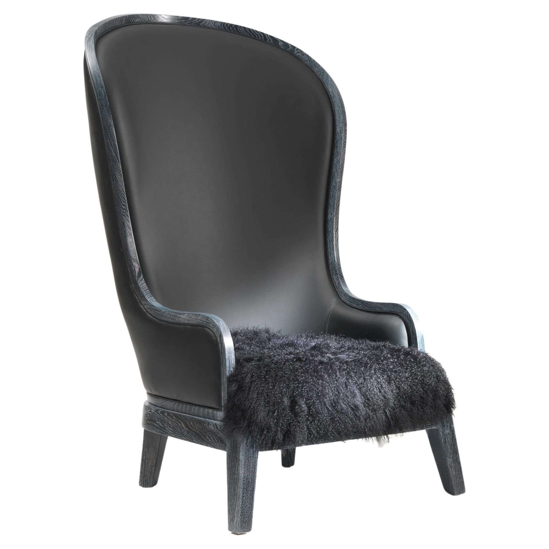 Duchesse of Home Black Oak Armchair with tall back with leather and lamb fur For Sale