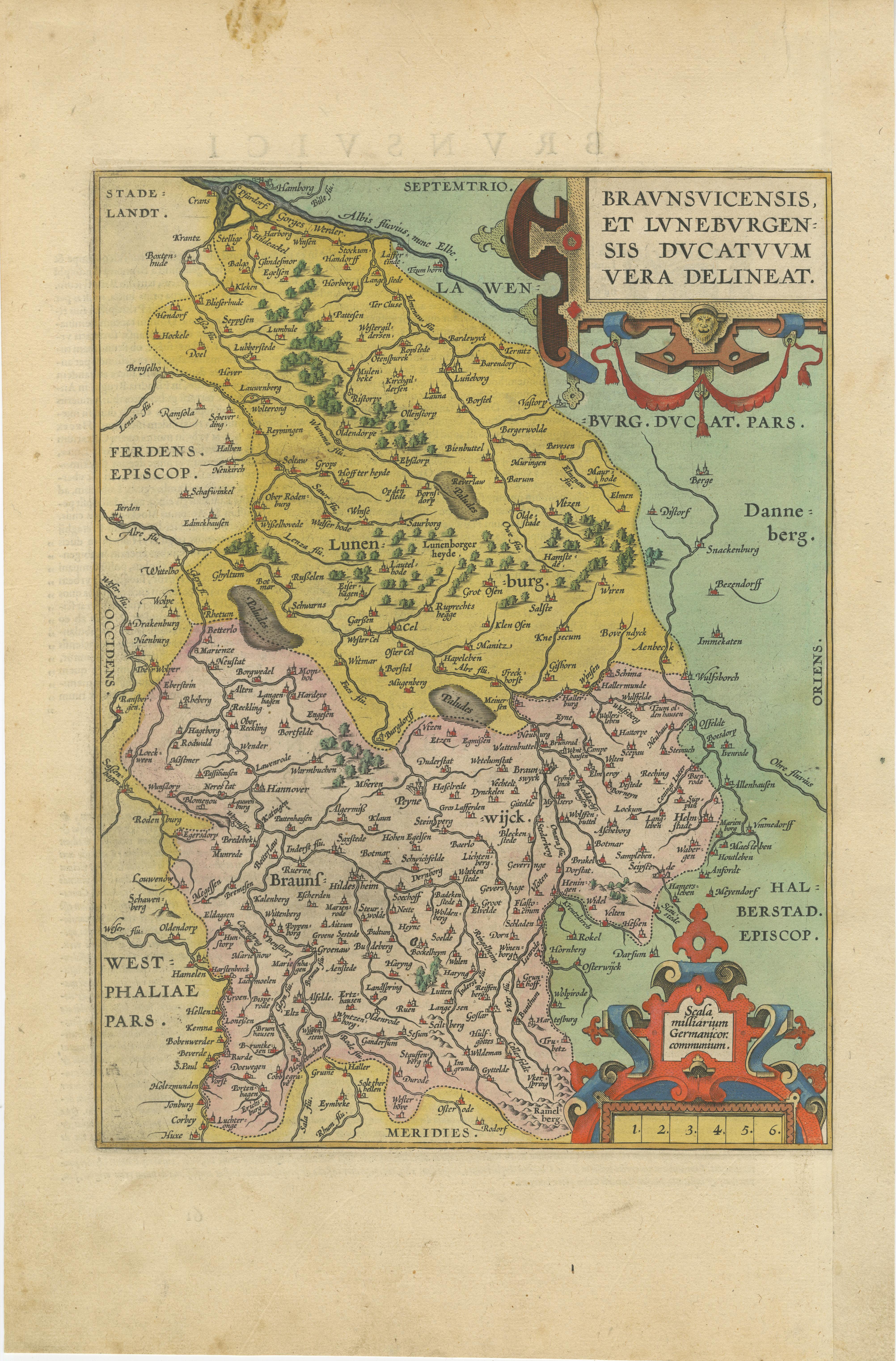 Engraved Duchy of Brunswick-Lüneburg, 1595: A Renaissance Cartographic Masterpiece For Sale