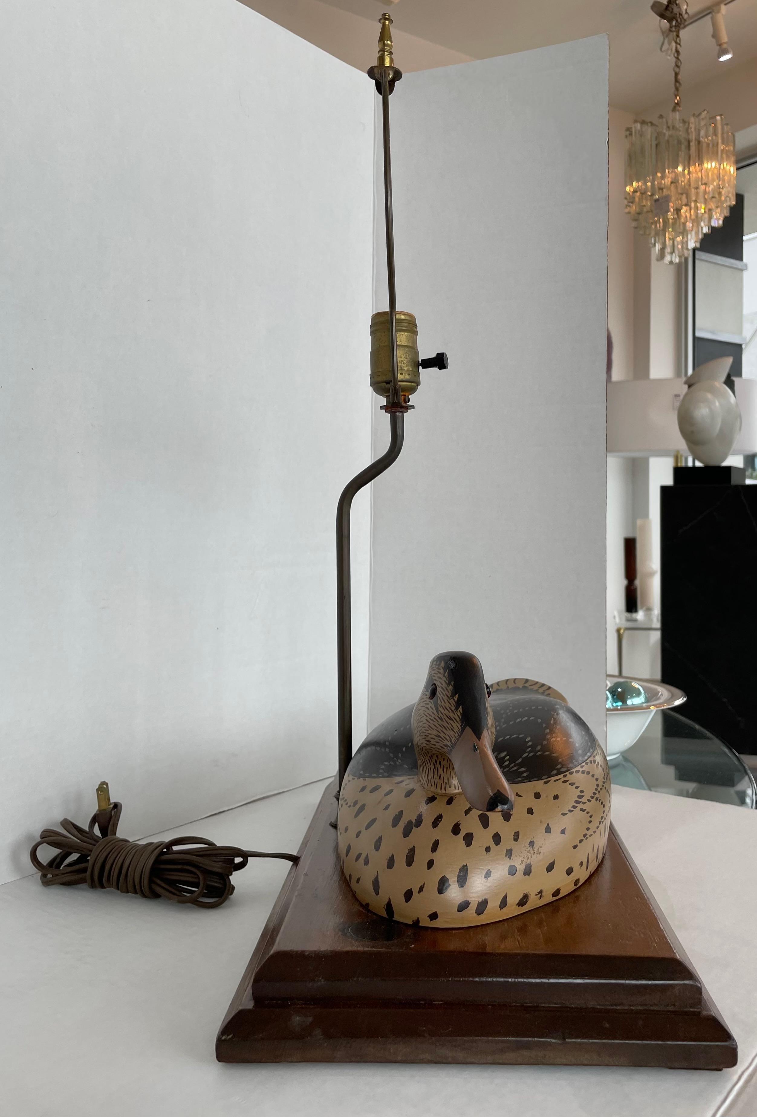 This stylish and chic duck decoy table lamp will make a subtle statement with its form and hand painted details. 

Note: Base measures 1.75