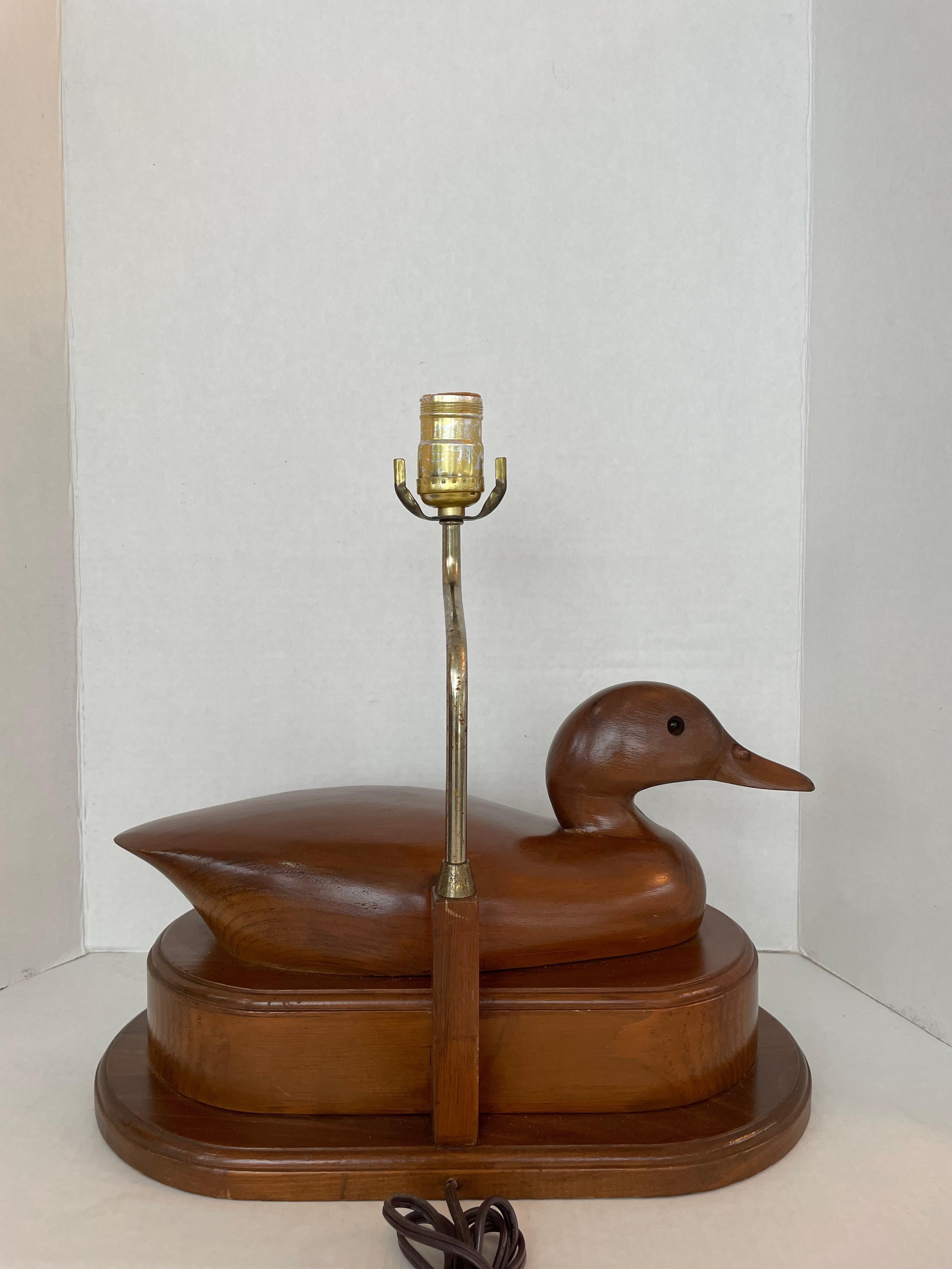 This stylish and chic hand-carved wood duck decoy lamp will make a subtle statement with its form and use of materials.  The piece was created by Cornwall Wood Products in Paris, Maine. 

Note: Dimensions of the duck itself are 5.50