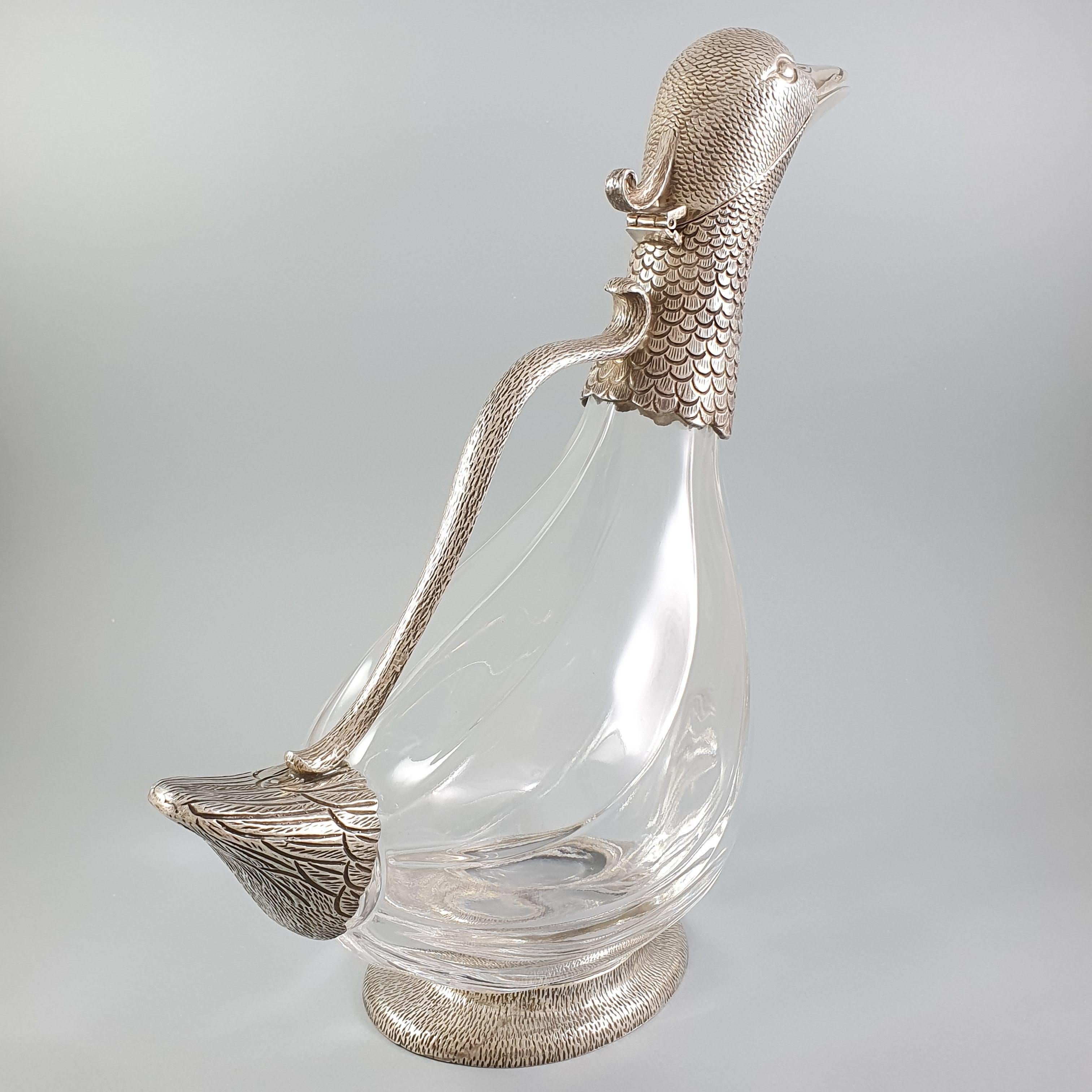 Italian Duck Ewer in Crystal and Sterling Silver