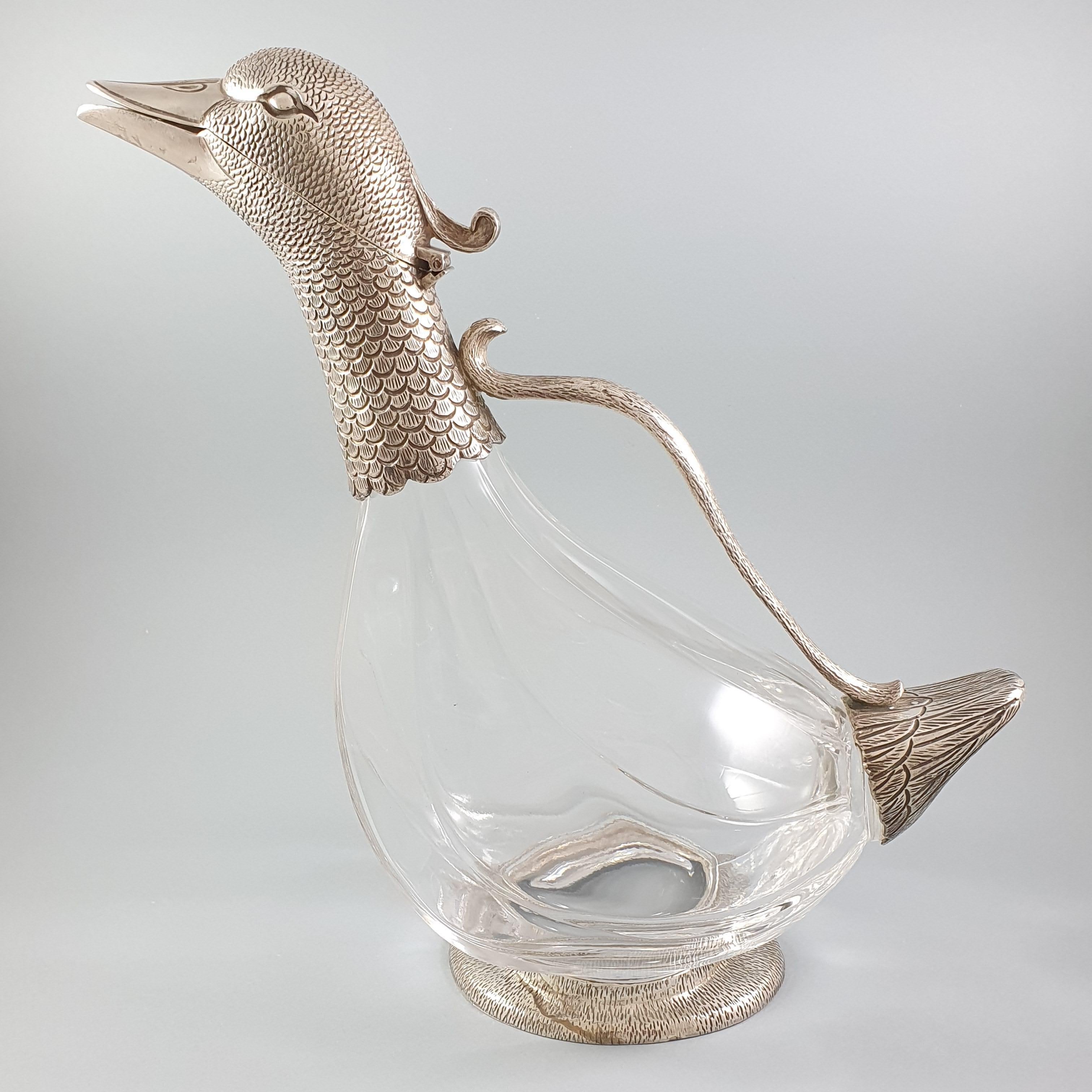 Late 20th Century Duck Ewer in Crystal and Sterling Silver