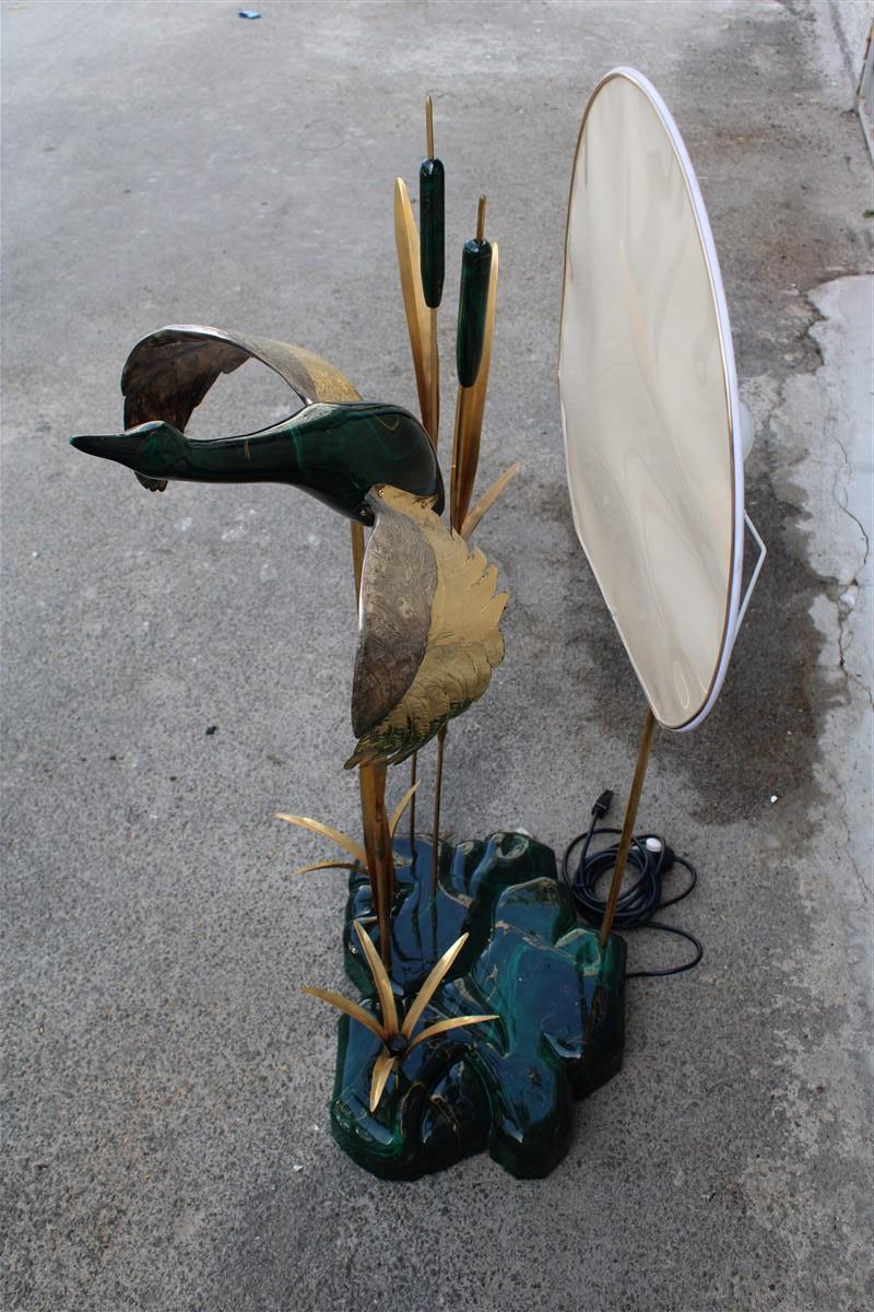 Duck floor lamp in flight in its lake Malachite Brass Design Italian 1970s For Sale 7