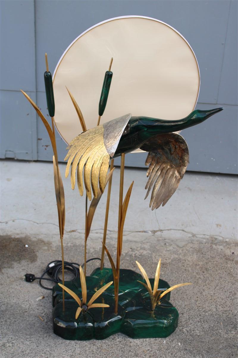 Mid-Century Modern Duck floor lamp in flight in its lake Malachite Brass Design Italian 1970s For Sale