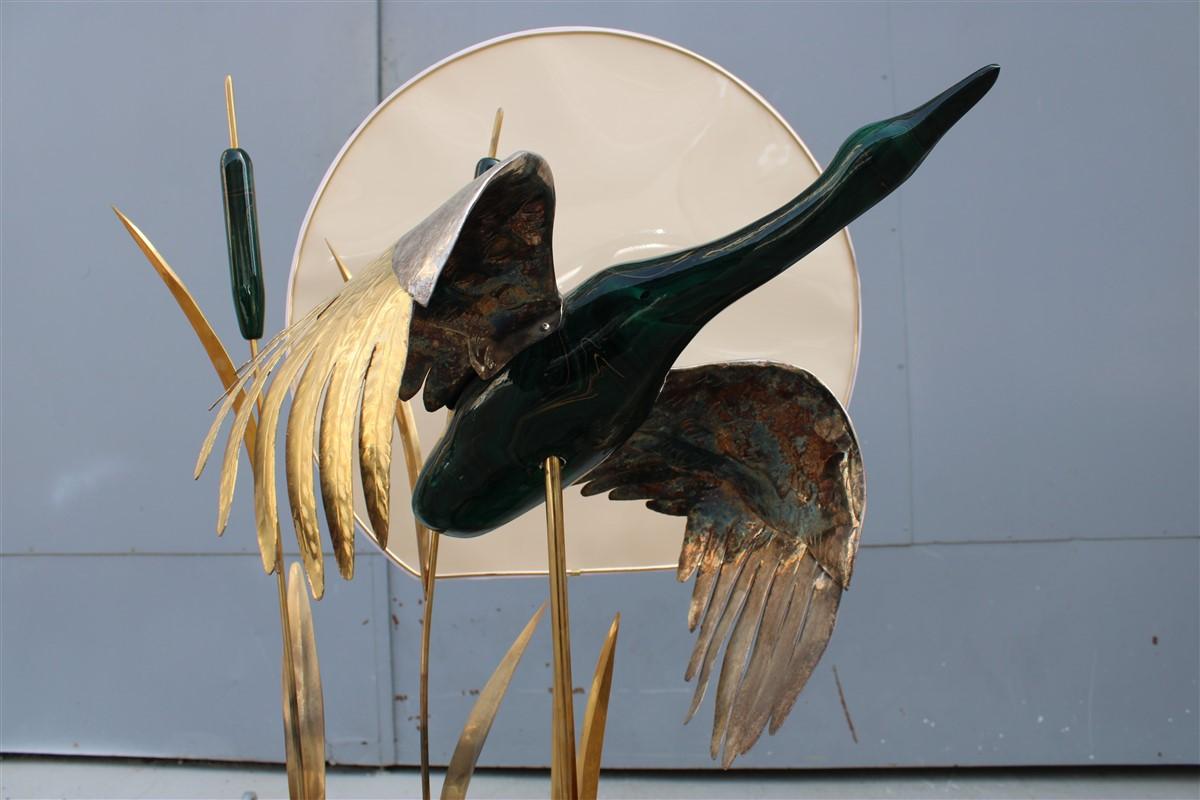 Duck floor lamp in flight in its lake Malachite Brass Design Italian 1970s For Sale 3