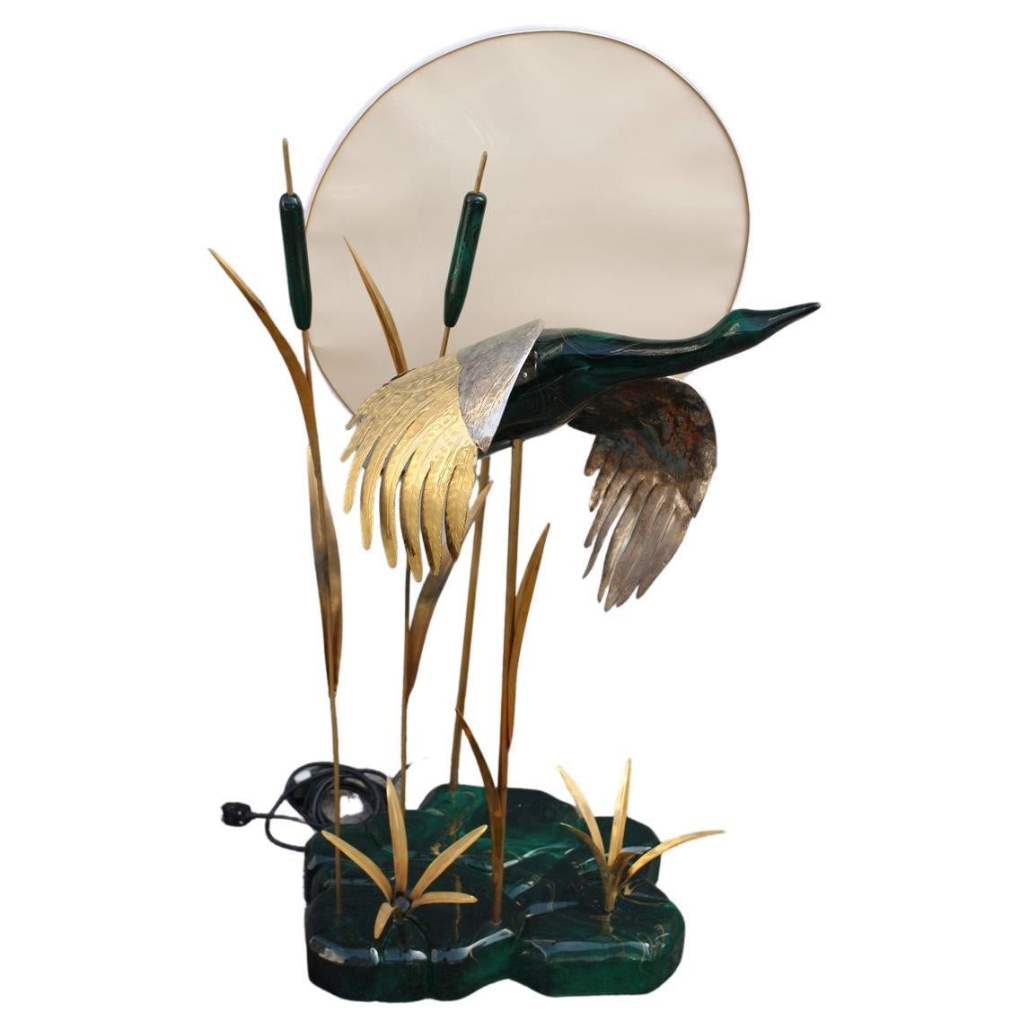 Duck floor lamp in flight in its lake Malachite Brass Design Italian 1970s For Sale