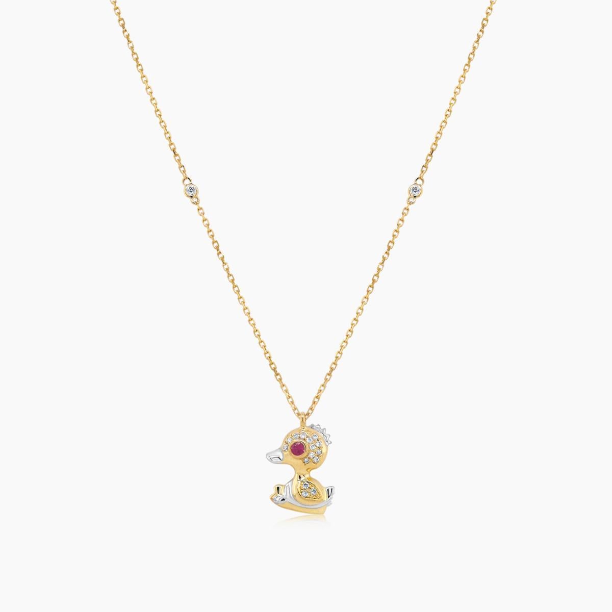 Mixed Cut Duck Goose Bird White Diamond Ruby 18K Yellow Gold Animal Pendant Necklace For Sale