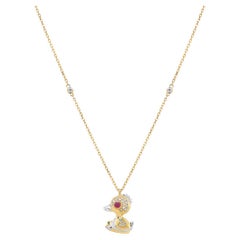 Duck Goose Bird White Diamond Ruby 18K Yellow Gold Animal Pendant Necklace