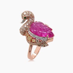 Duck Goose Swan Diamond Pave Ruby 18K Rose & White Gold Animal Ring