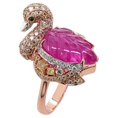 Ente Gans Schwan Diamant Pave Rubin 18K Rose & Weißgold Tier Ring