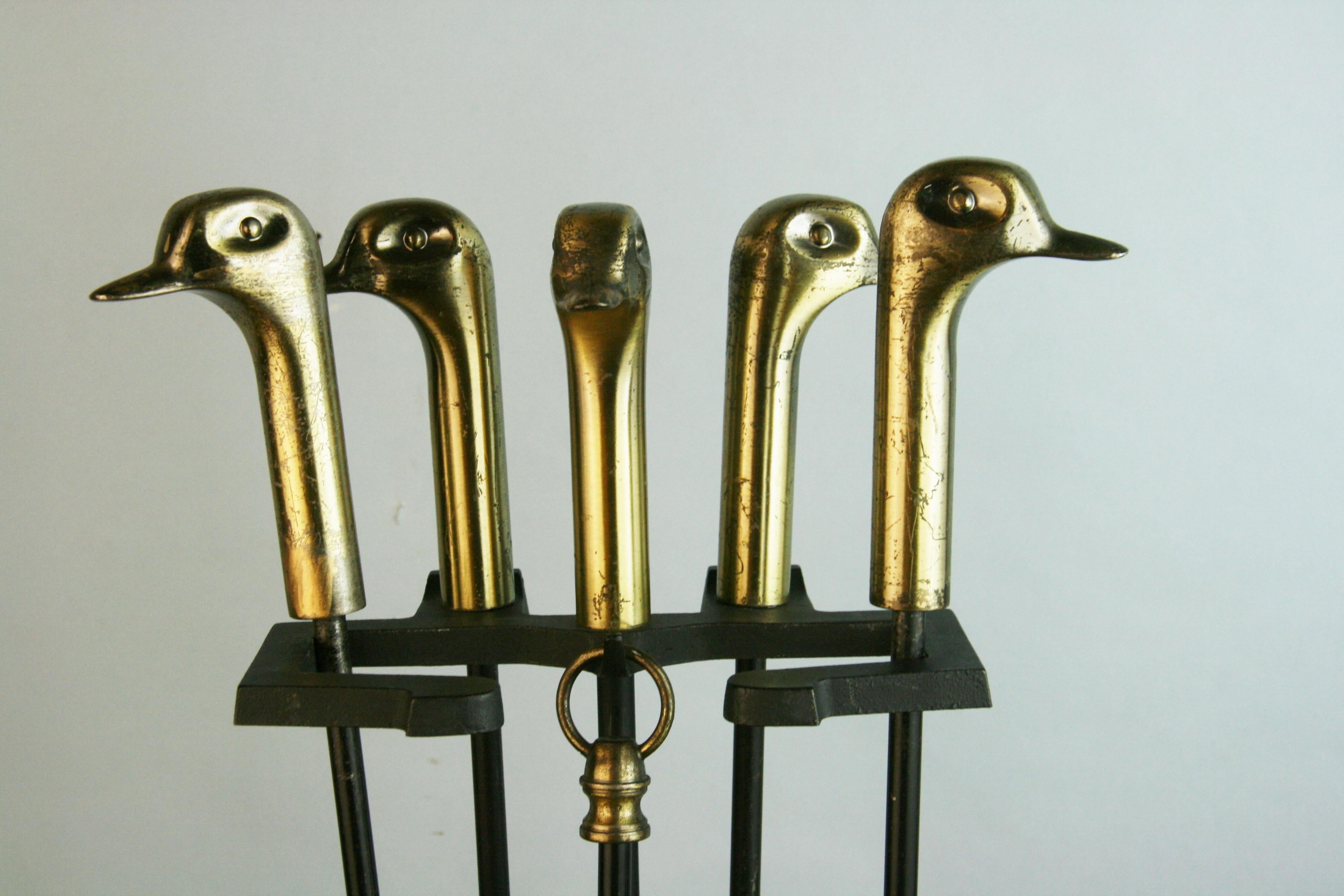 Mid-20th Century Duck Handle Brass and Iron Fireplace Tools For Sale