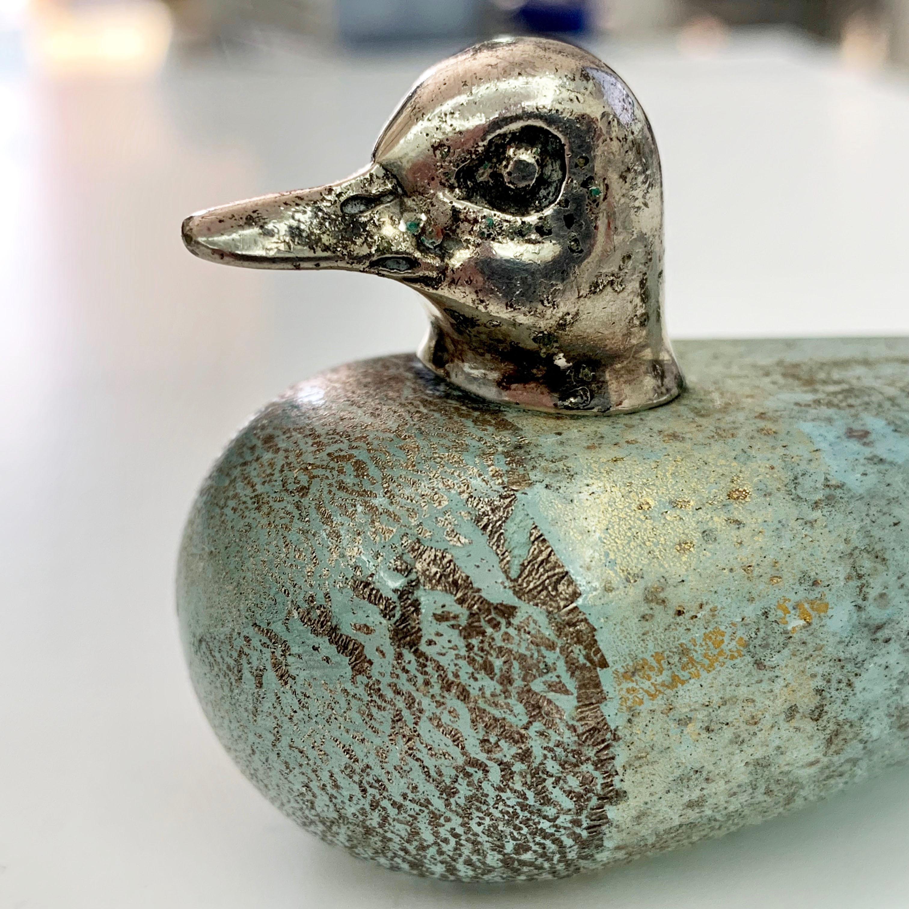 Mid-Century Modern Duck, Murano Vetri Signed, Glass and Silver, Italy, 1970s Ornament