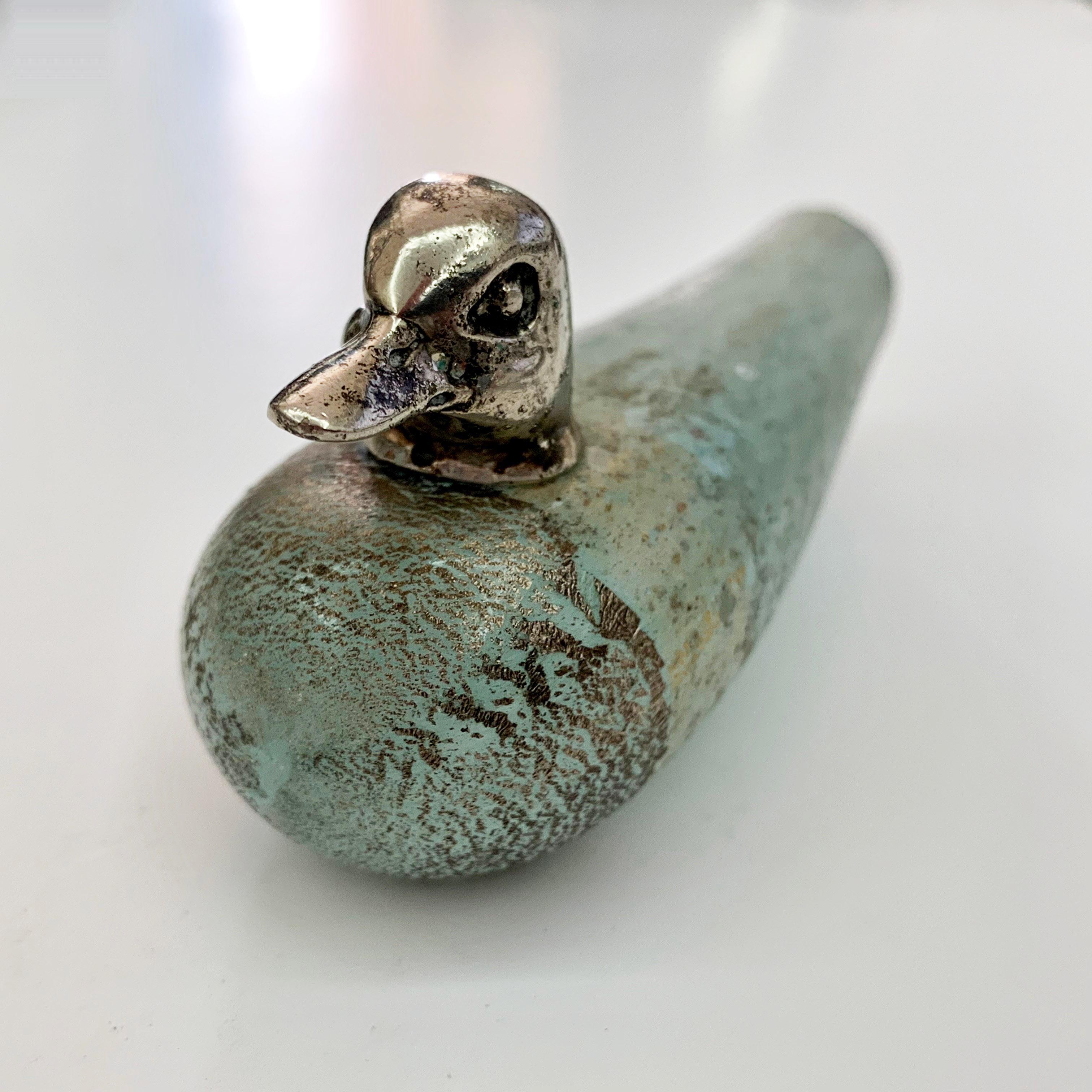 Italian Duck, Murano Vetri Signed, Glass and Silver, Italy, 1970s Ornament