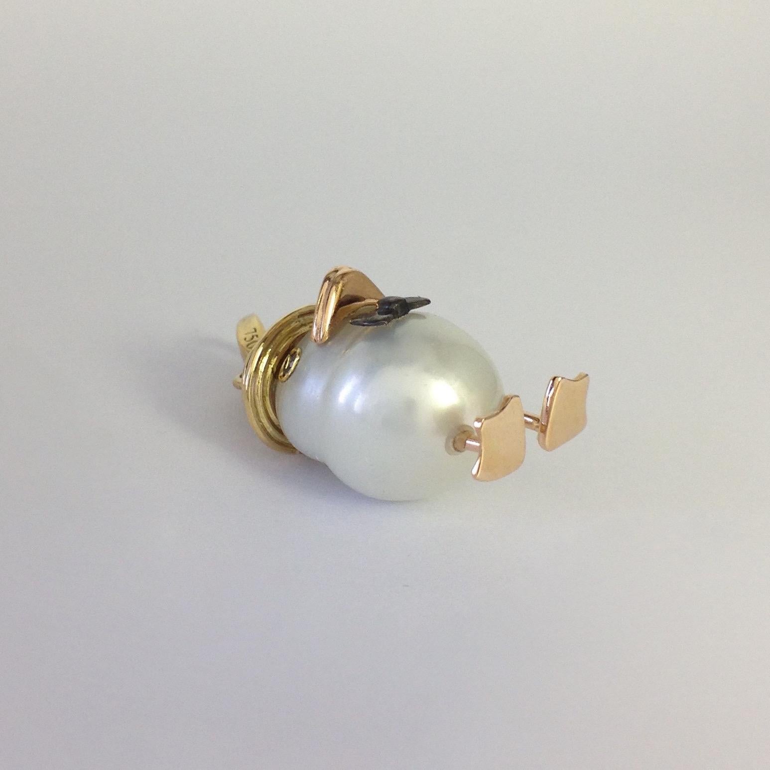 Petronilla Duck Pearl 18 Karat Gold Black Diamond Charm or Pendant Necklace 6
