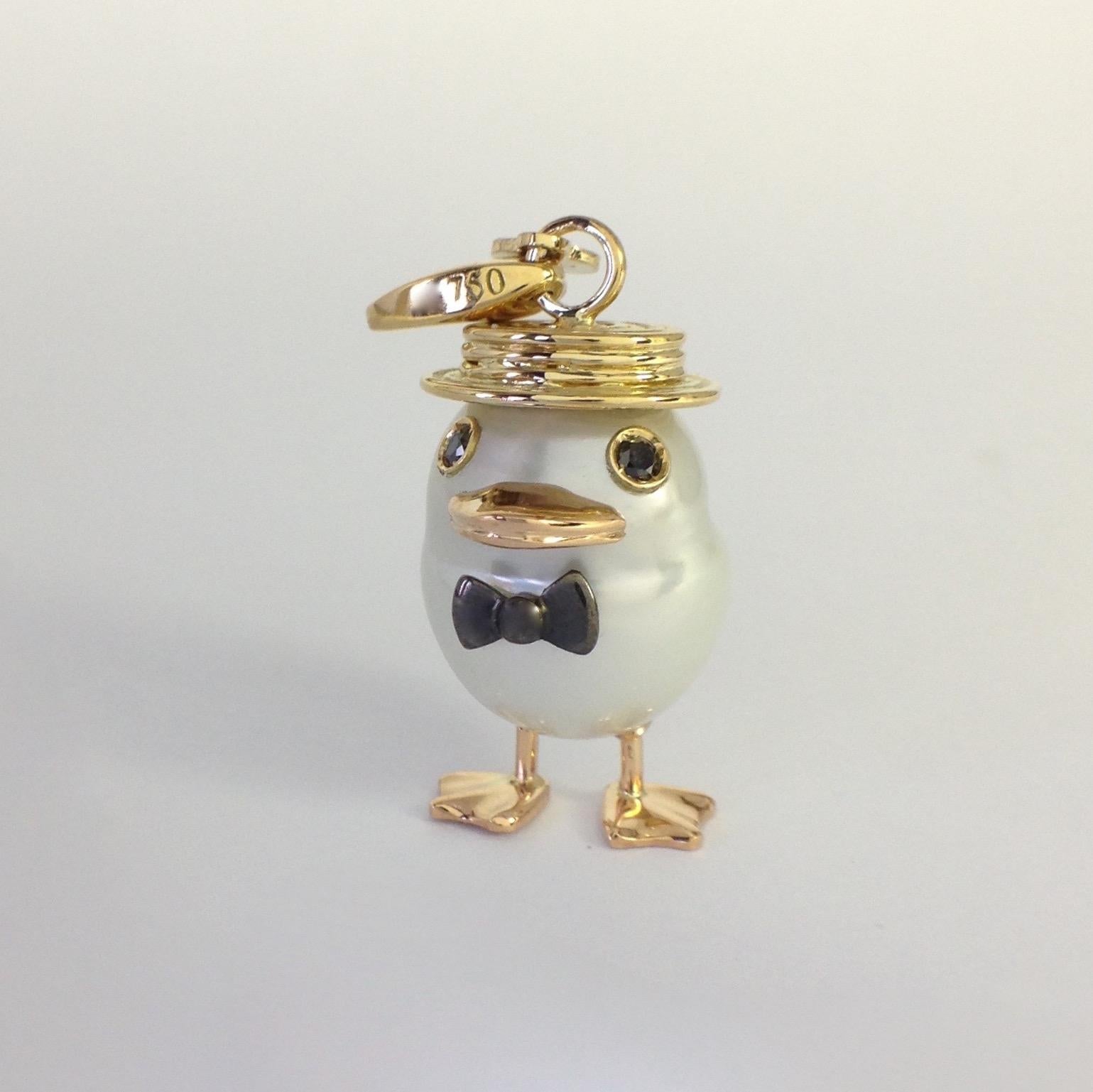 Petronilla Duck Pearl 18 Karat Gold Black Diamond Charm or Pendant Necklace 7