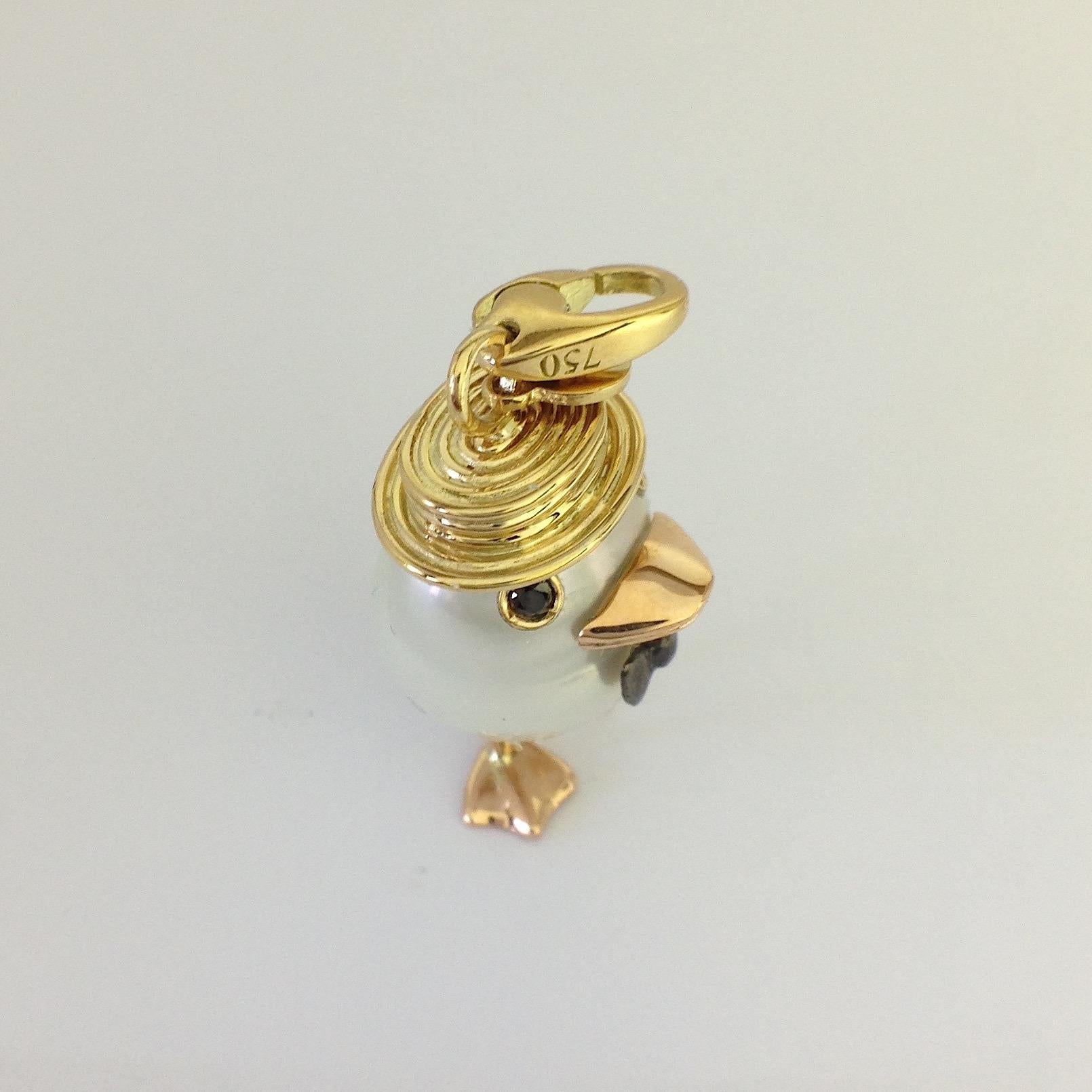 Artisan Petronilla Duck Pearl 18 Karat Gold Black Diamond Charm or Pendant Necklace