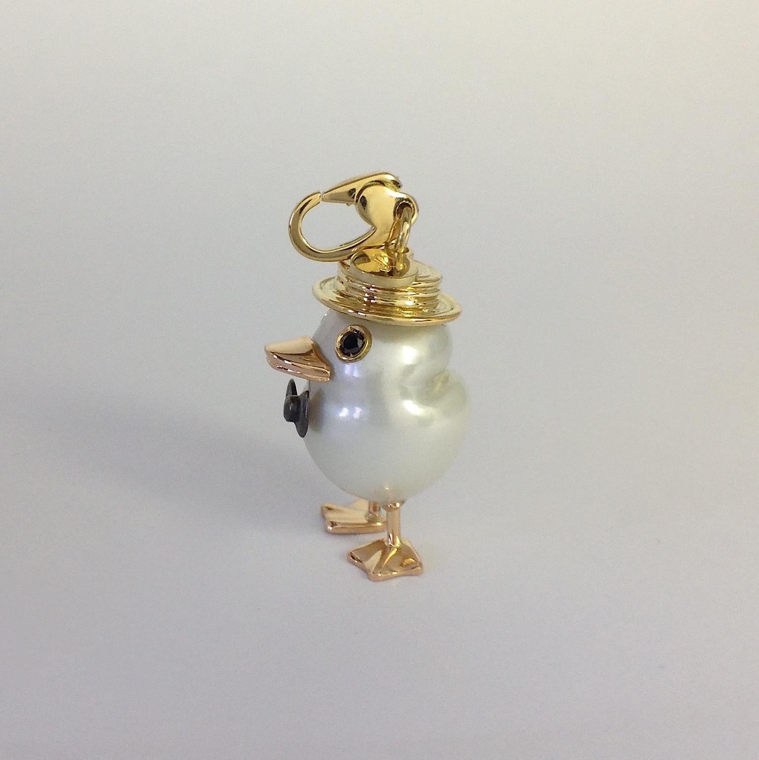 Petronilla Duck Pearl 18 Karat Gold Black Diamond Charm or Pendant Necklace 2