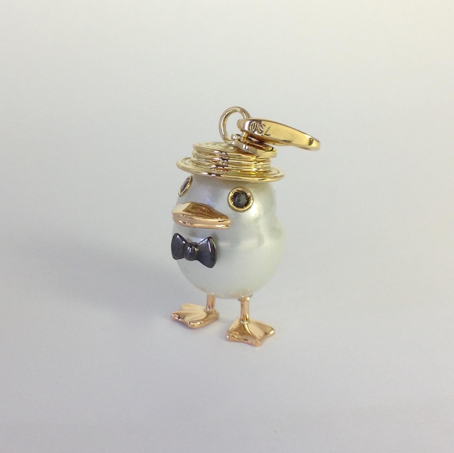 Petronilla Duck Pearl 18 Karat Gold Black Diamond Charm or Pendant Necklace 3